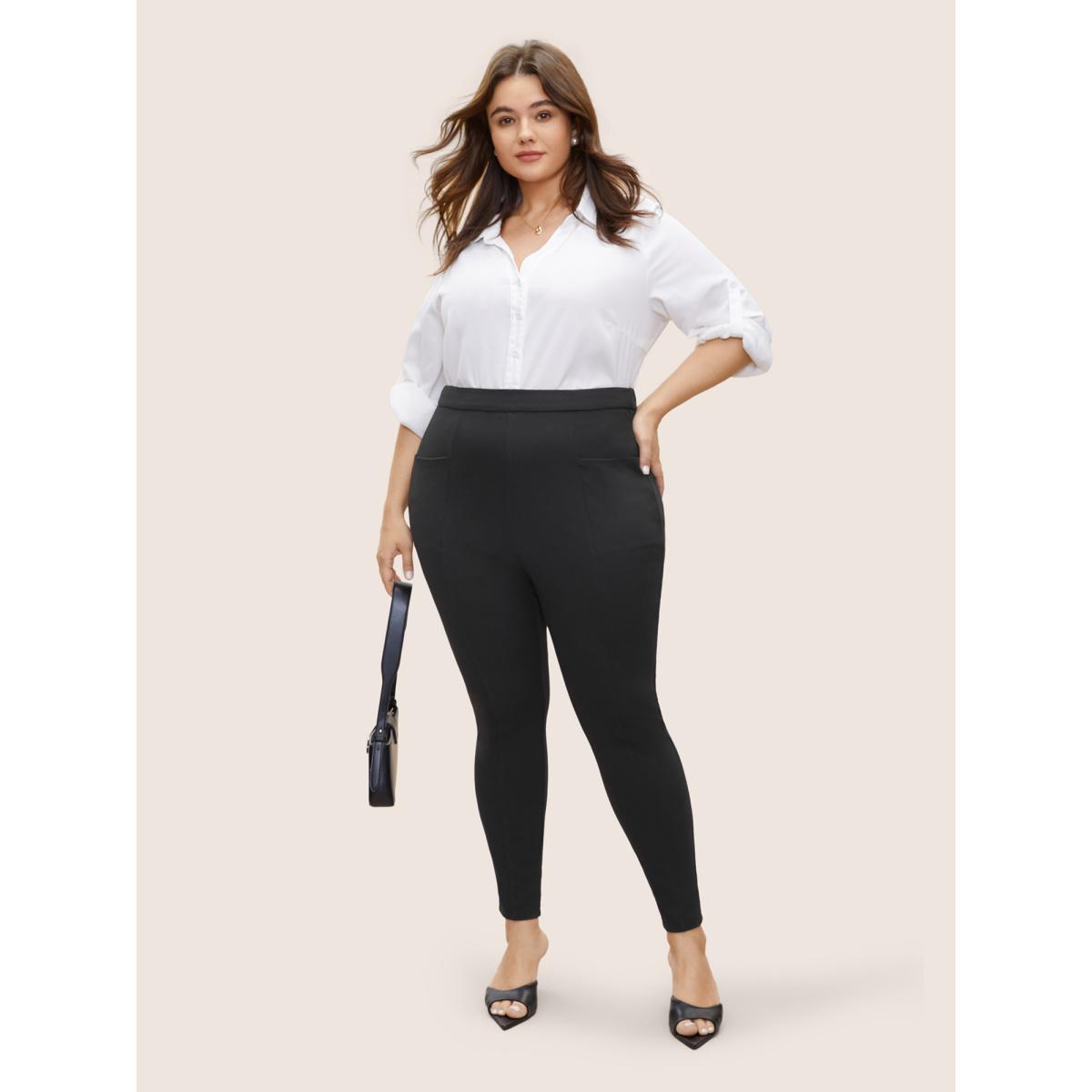Plus Size Plain Pocket Elastic Waist High Rise Pants Women Black Basics Skinny High Rise Everyday Pants BloomChic 22-24/3X Product Image