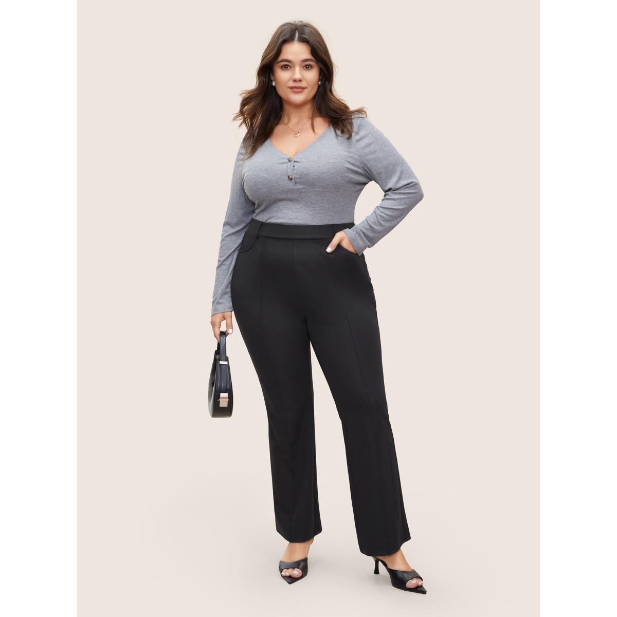 Plus Size Solid High Rise Elastic Waist Flare Leg Pants Women Black At the Office Flare Leg High Rise Work Pants BloomChic 12/L Product Image