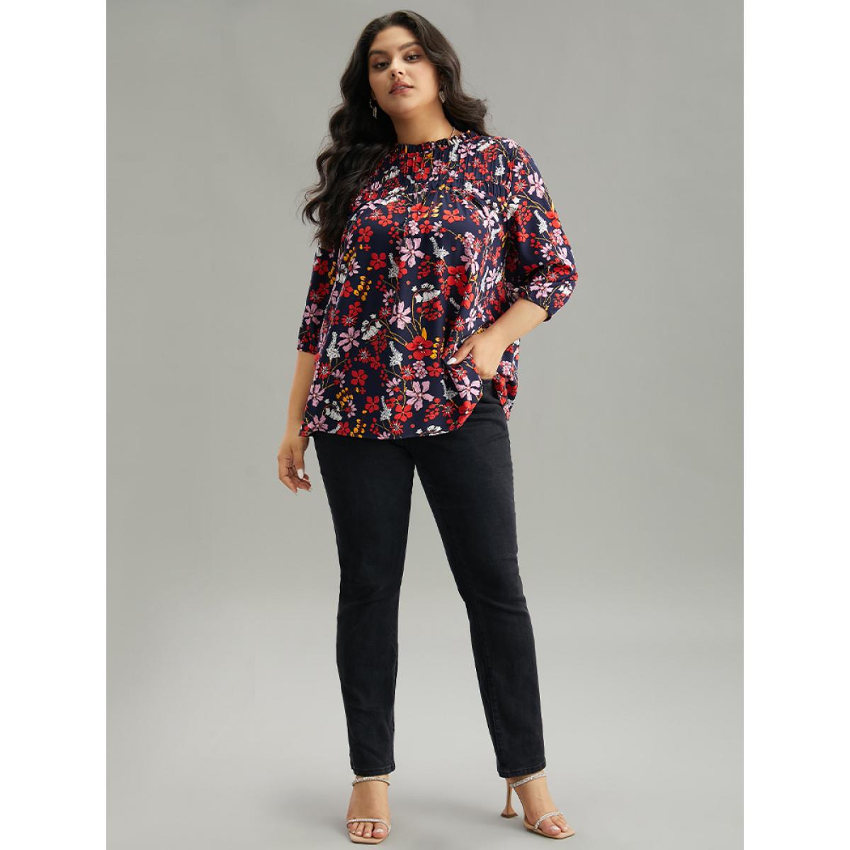 Plus Size Multicolor Floral Print Frill Trim Cut Out Blouse Women Elegant Elbow-length sleeve Round Neck Everyday Blouses BloomChic 14-16/1X Product Image