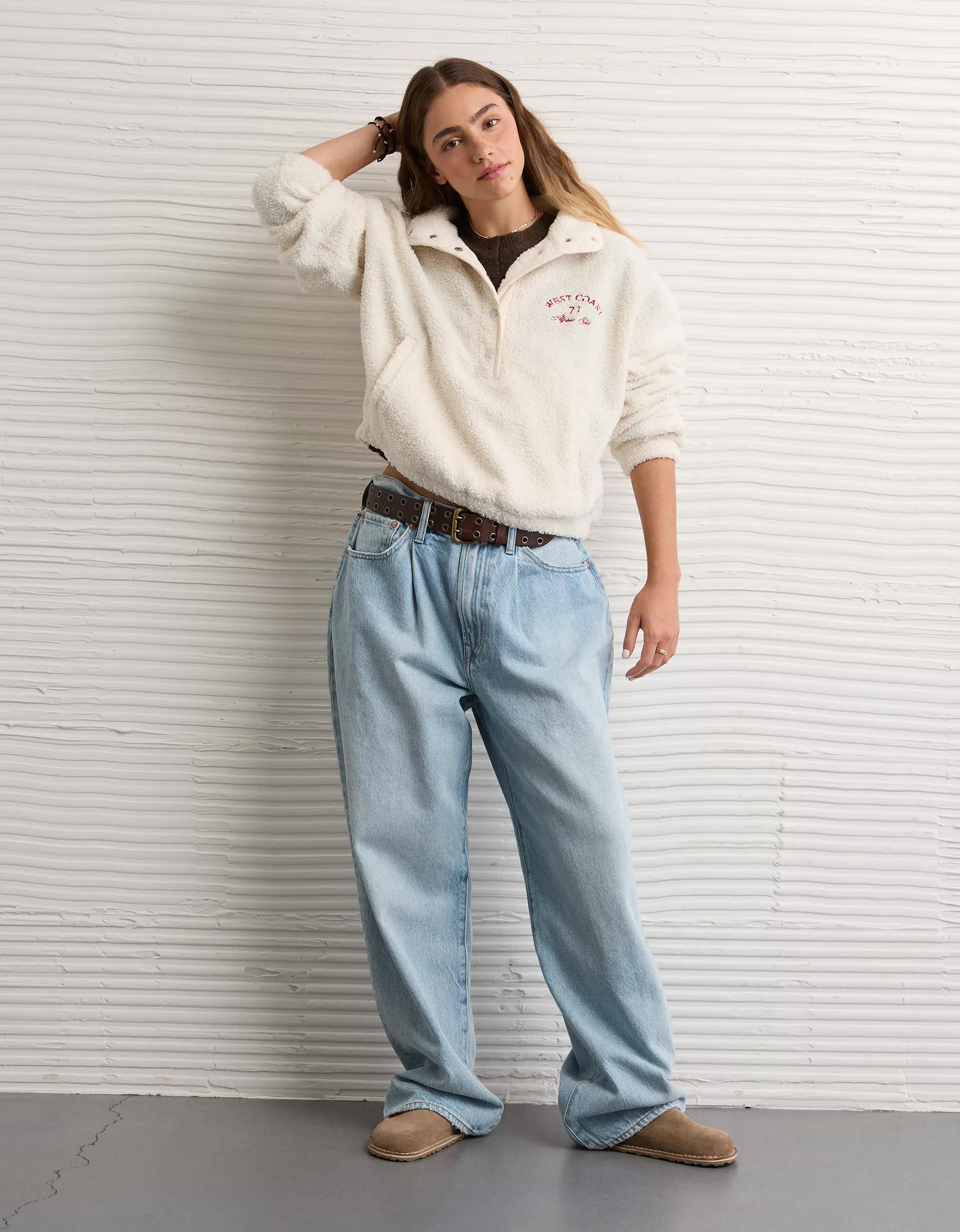 AE Sherpa Fleece Graphic Henley Sweatshirt Product Image