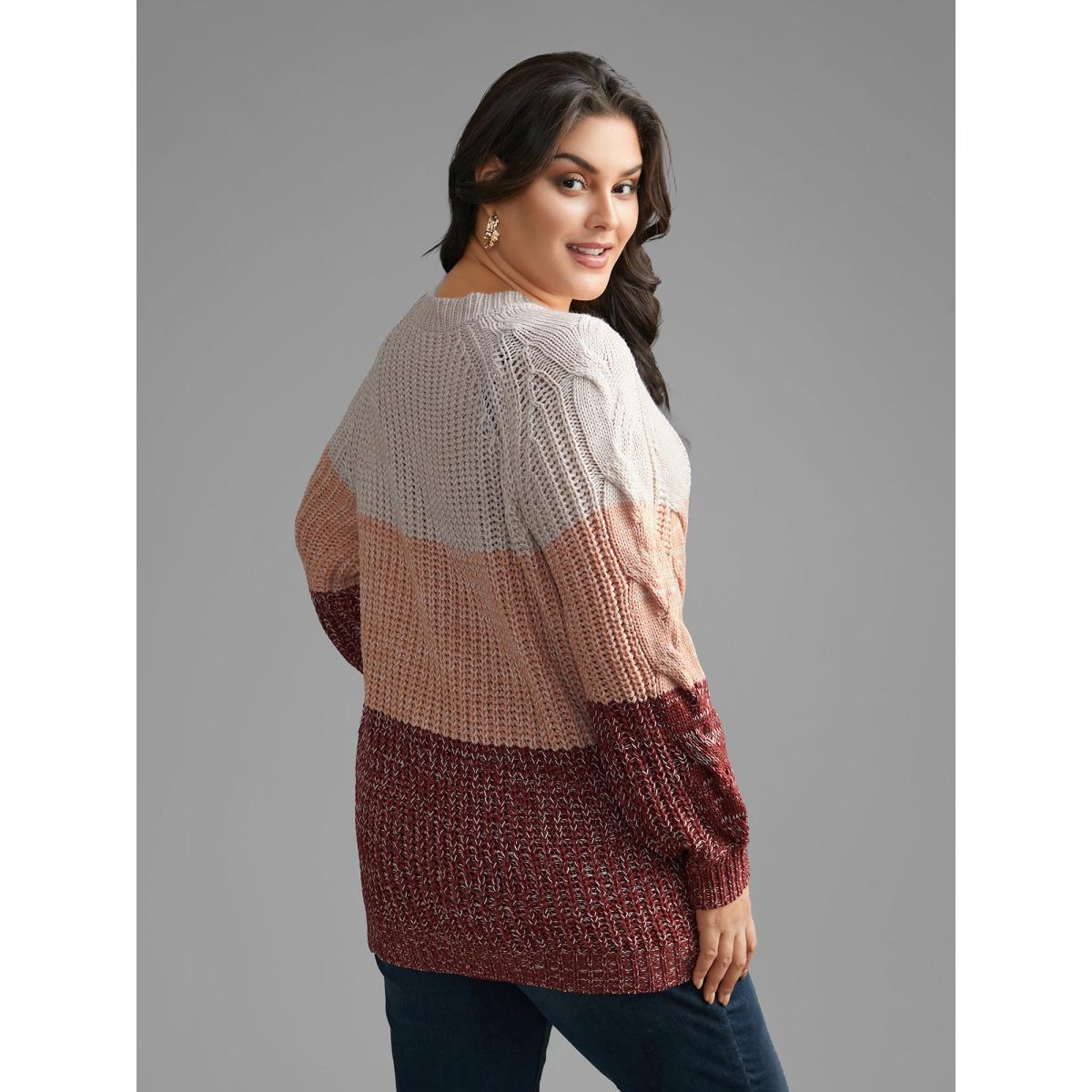 Plus Size Contrast Textured Cable Knit Pullover Rust Women Casual Loose Long Sleeve Round Neck Everyday Pullovers BloomChic 28/5X Product Image