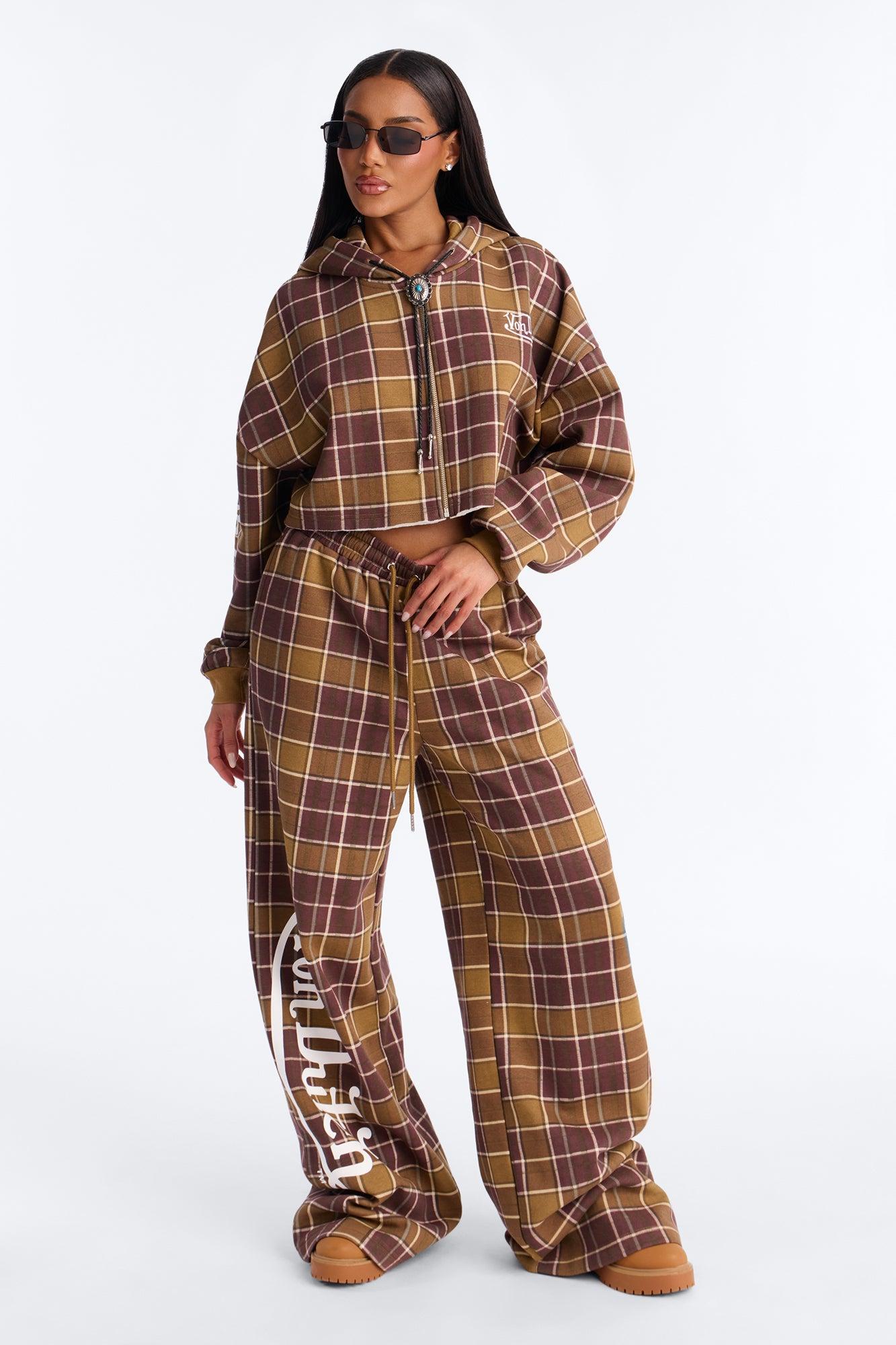 Von Dutch Plaid Western Spirit Zip Up Sweatshirt - Brown Combo Female Product Image