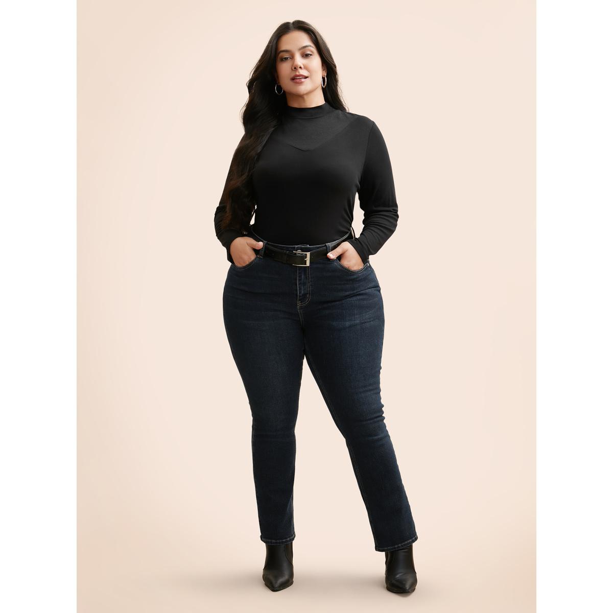 Plus Size Mock Neck Mesh Patchwork Stretchy T-shirt Black Women Casual See through Stand-up collar Everyday T-shirts BloomChic 22-24/3X Product Image