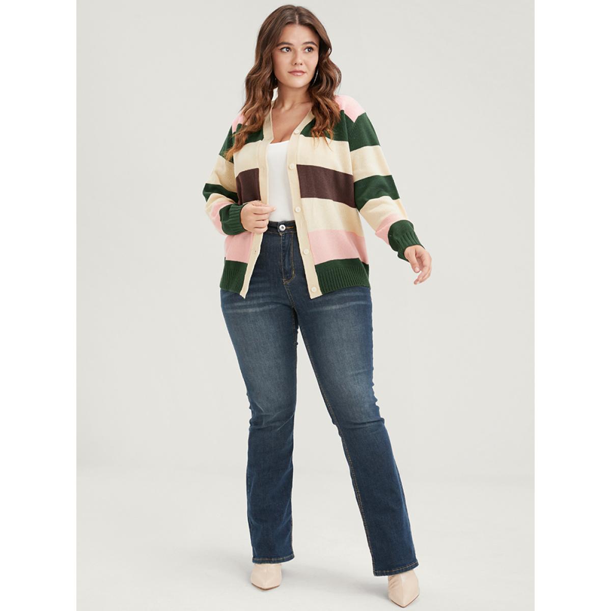 Plus Size Striped Colorblock Contrast Pointelle Knit Button Front Cardigan Beige Women Casual Long Sleeve Dailywear Cardigans BloomChic 28/5X Product Image