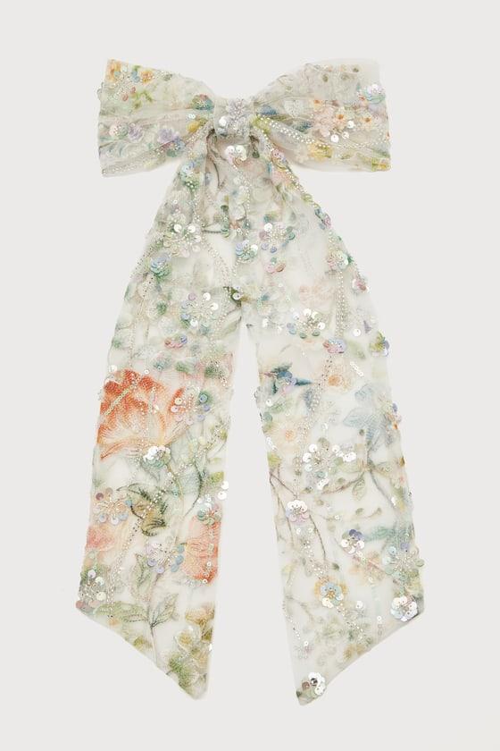 Whimsical Mood Ivory Multi Embroidered Oversized Bow Hair Clip Product Image