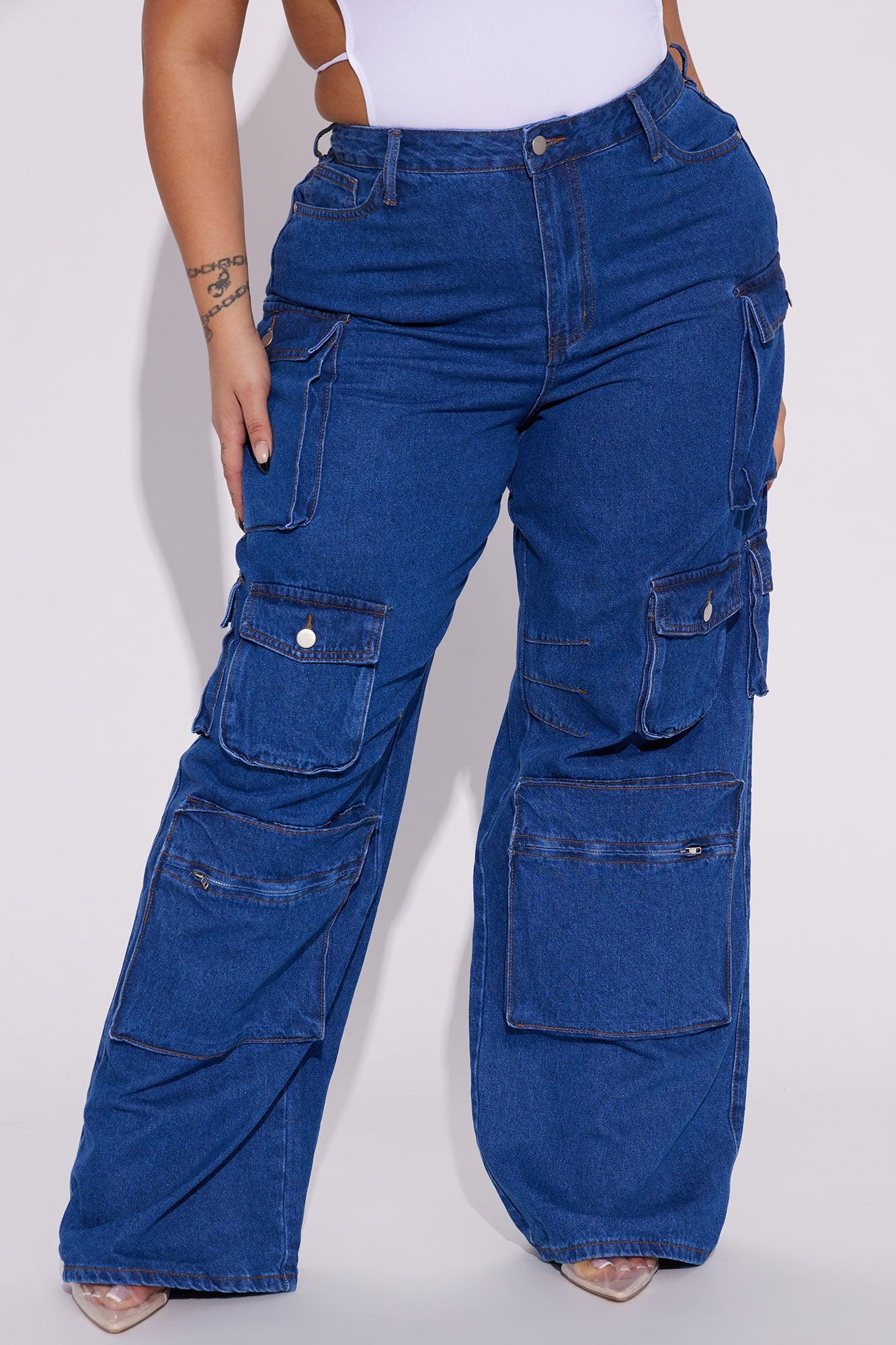 Lily High Rise Cargo Jeans - Medium Blue Wash Product Image