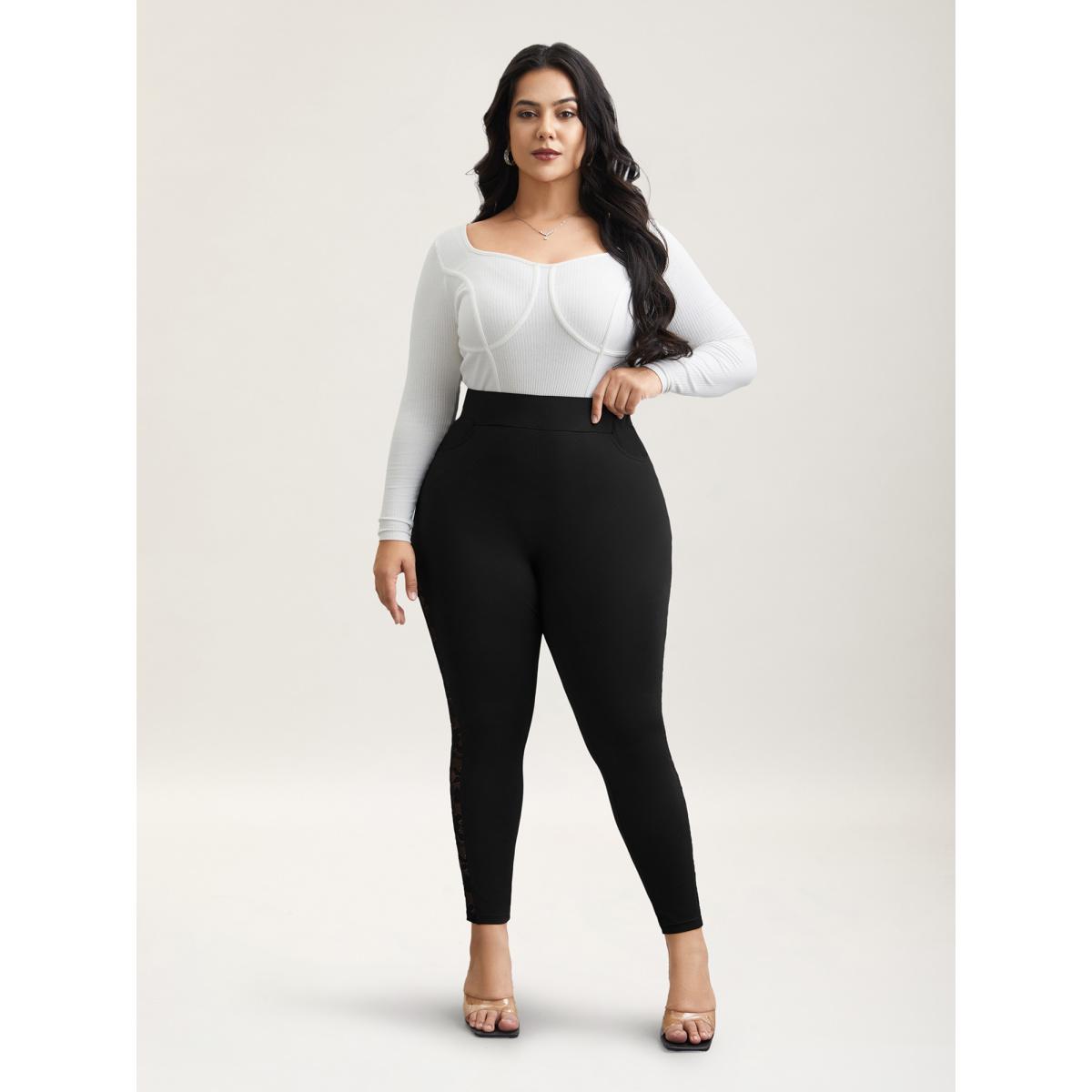 Plus Size Lace Mid-Rise Tight Pants Women Black Elegant High stretch Skinny Mid Rise Everyday Leggings BloomChic 26/4X Product Image