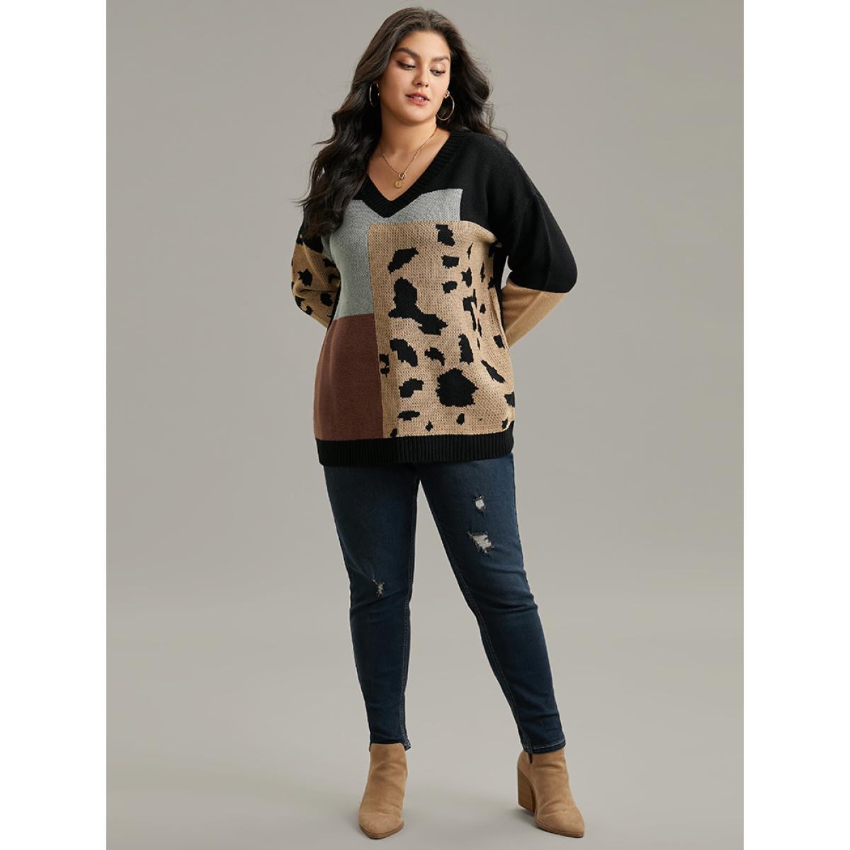 Plus Size Leopard Colorblock Contrast Pullover Black Women Casual Loose Long Sleeve V-neck Everyday Pullovers BloomChic 18-20/2X Product Image
