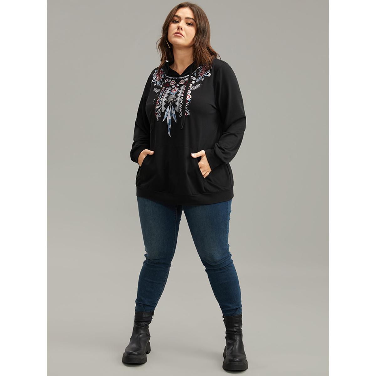 Plus Size Boho Embroidered Pocket Hooded Drawstring Sweatshirt Women Black Casual Embroidered Hooded Dailywear Sweatshirts BloomChic 14-16/1X Product Image