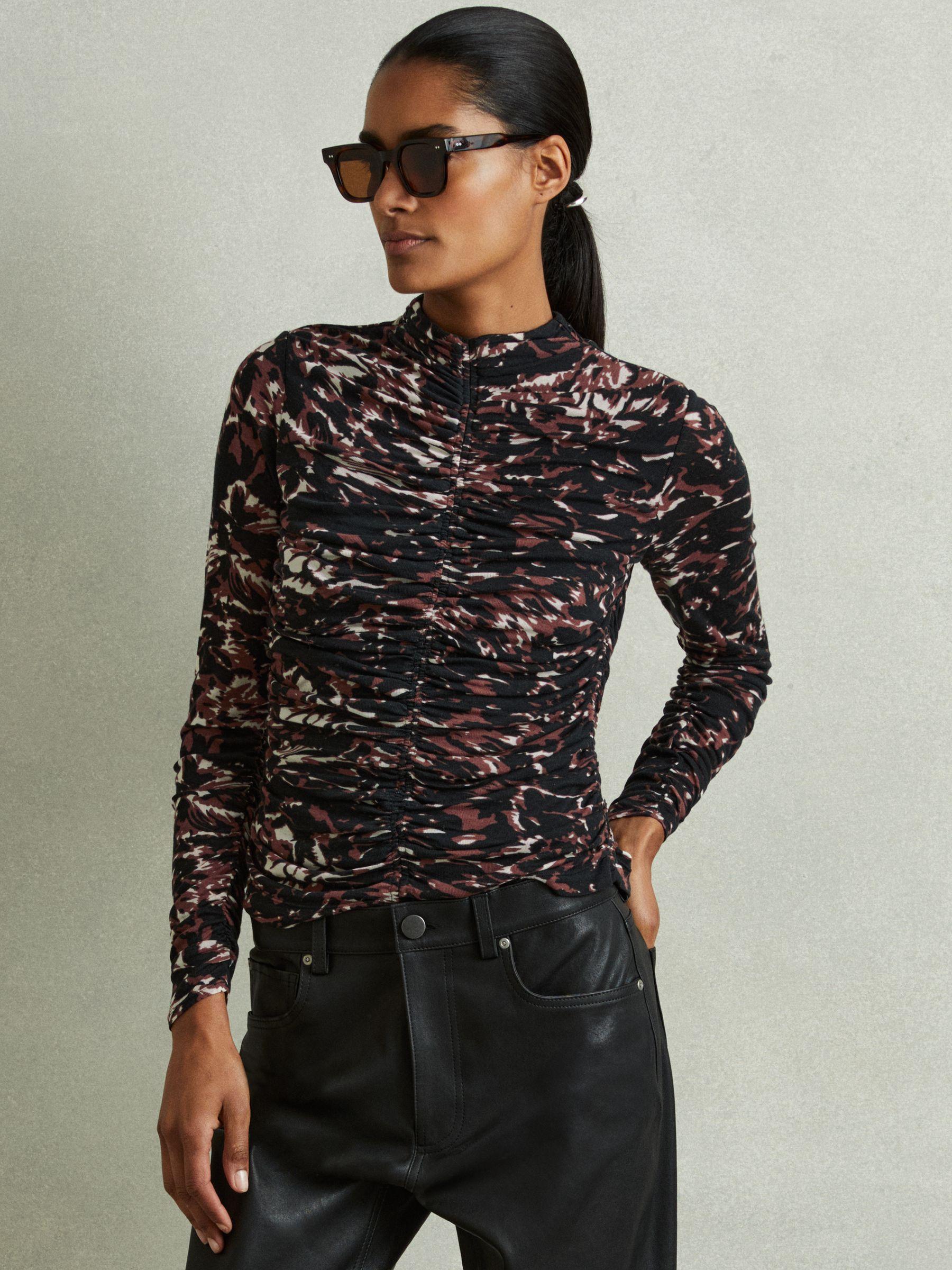 Printed Ruched Top in Black/Brown Product Image