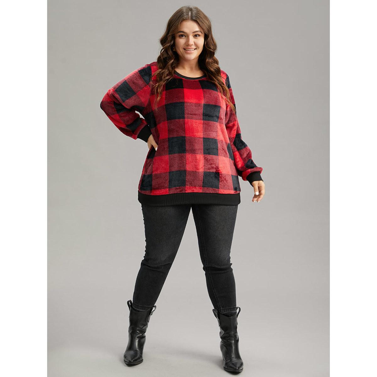 Plus Size Plaid Print Round Neck Fluffy Sweatshirt Women Scarlet Casual Rib Knit Round Neck Festival-Christmas Sweatshirts BloomChic 12/L Product Image