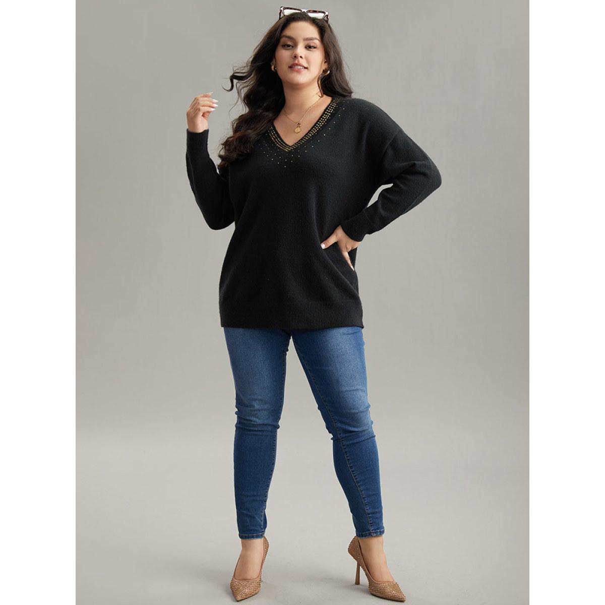 Plus Size Anti-Pilling Rhinestone Drop Shoulder Pullover Black Women Casual Loose Long Sleeve V-neck Dailywear Pullovers BloomChic 10/M Product Image