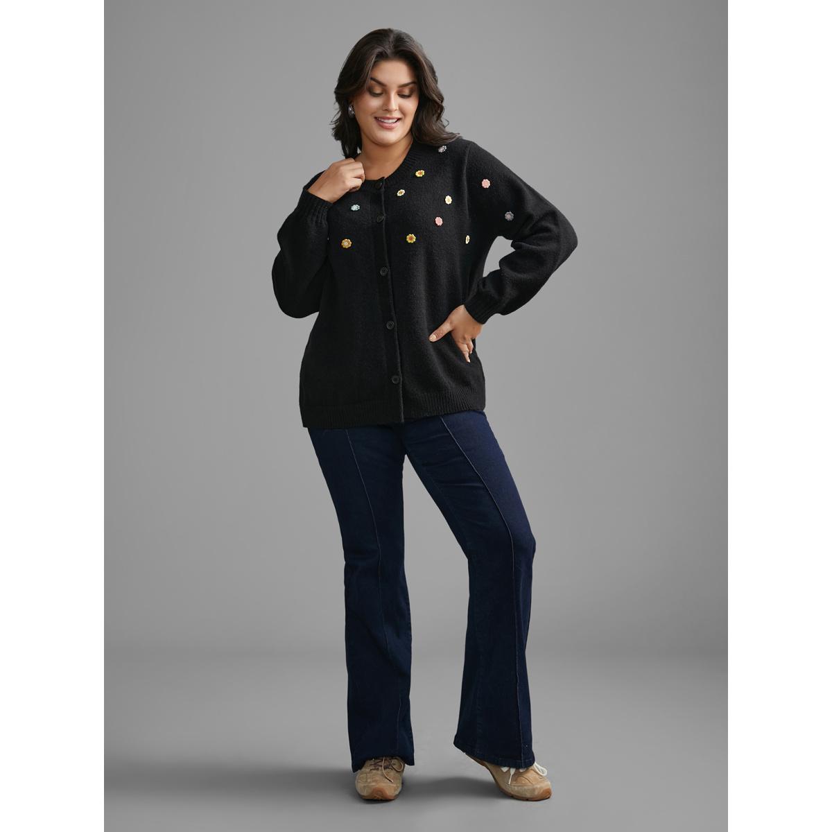 Plus Size Stereo Flower Design Button Through Cardigan Black Women Casual Loose Long Sleeve Everyday Cardigans BloomChic 10/M Product Image