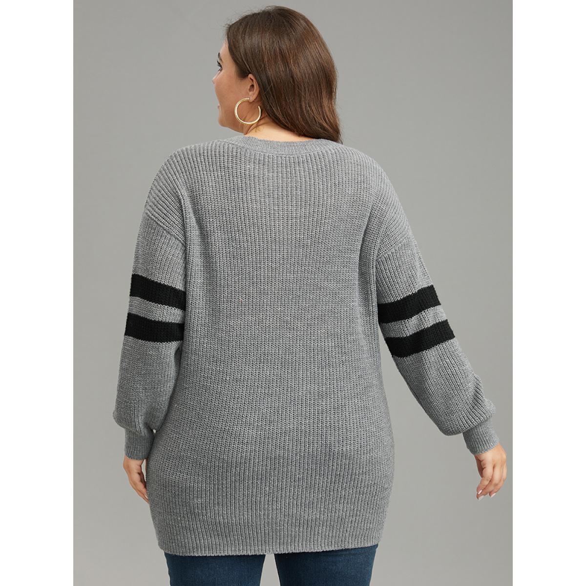 Plus Size Anti-Pilling Striped Button Detail Pullover DarkGray Women Casual Long Sleeve V-neck Dailywear Pullovers BloomChic 26/4X Product Image
