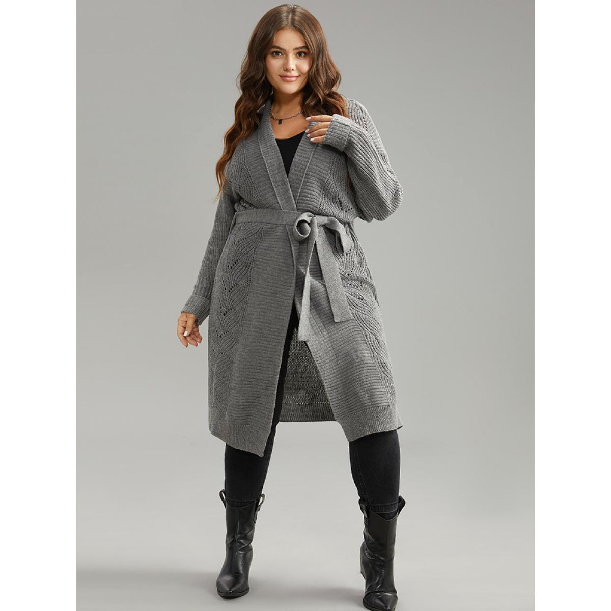 Plus Size Plain Split Hem Ties Texture Cardigan Gray Women Casual Loose Long Sleeve Dailywear Cardigans BloomChic 26/4X Product Image