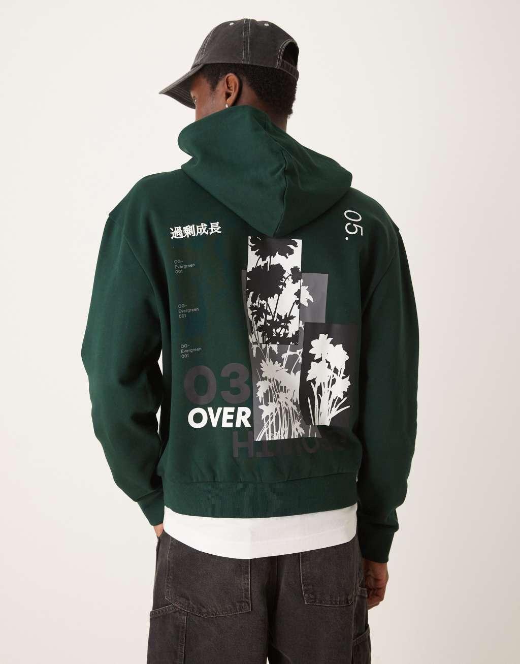 ASOS DESIGN boxy oversized hoodie with floral back print in dark green Product Image