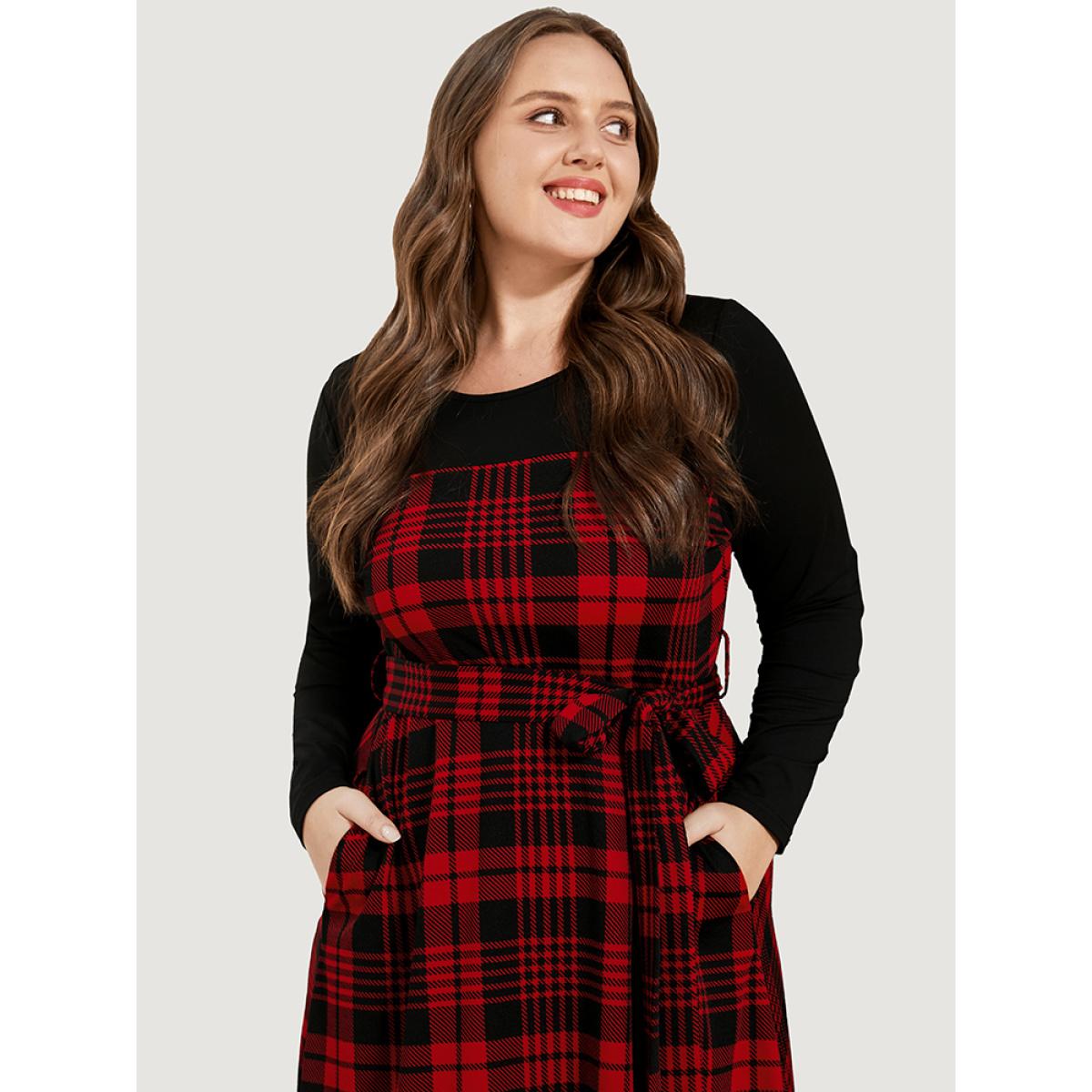 Plus Size Plaid Patchwork Round Neck Pocket Belted Dress Red Women Elegant Patchwork Round Neck Long Sleeve Curvy Midi Dress BloomChic 22-24/3X Product Image