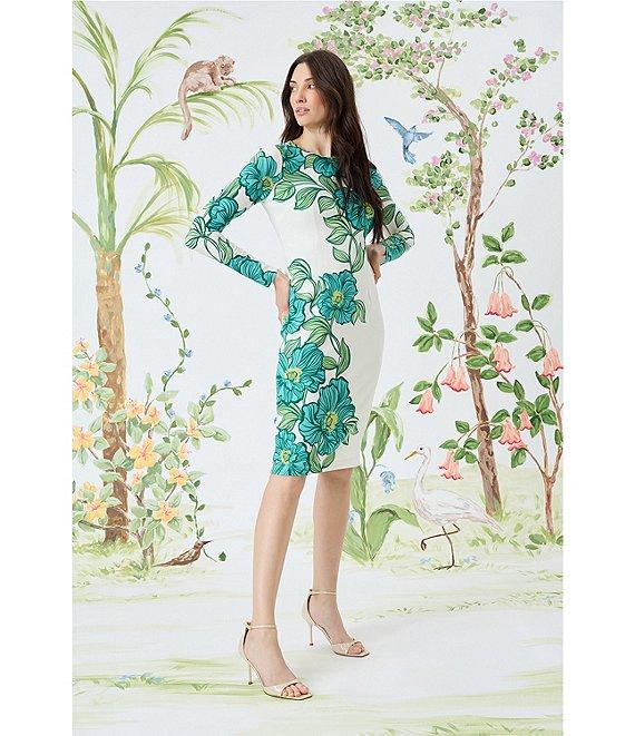 Maggy London Floral Print Stretch Matte Jersey Round Neck Long Sleeve Sheath Dress Product Image
