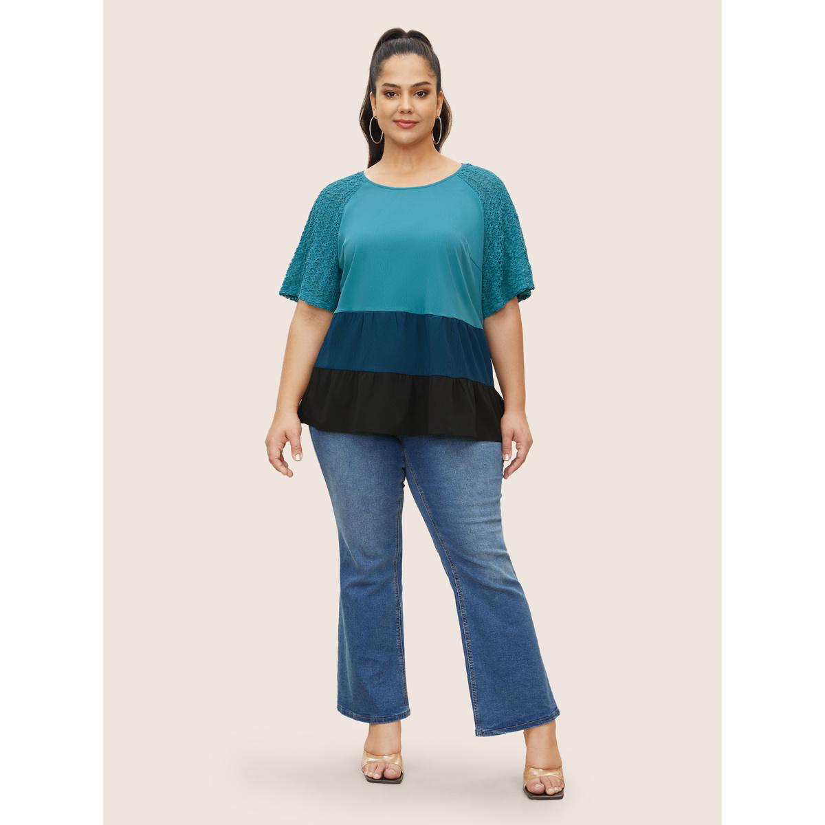 Plus Size Cerulean Colorblock Contrast Lace Panel Raglan Sleeve Blouse Women Casual Short sleeve Round Neck Everyday Blouses BloomChic 26/4X Product Image