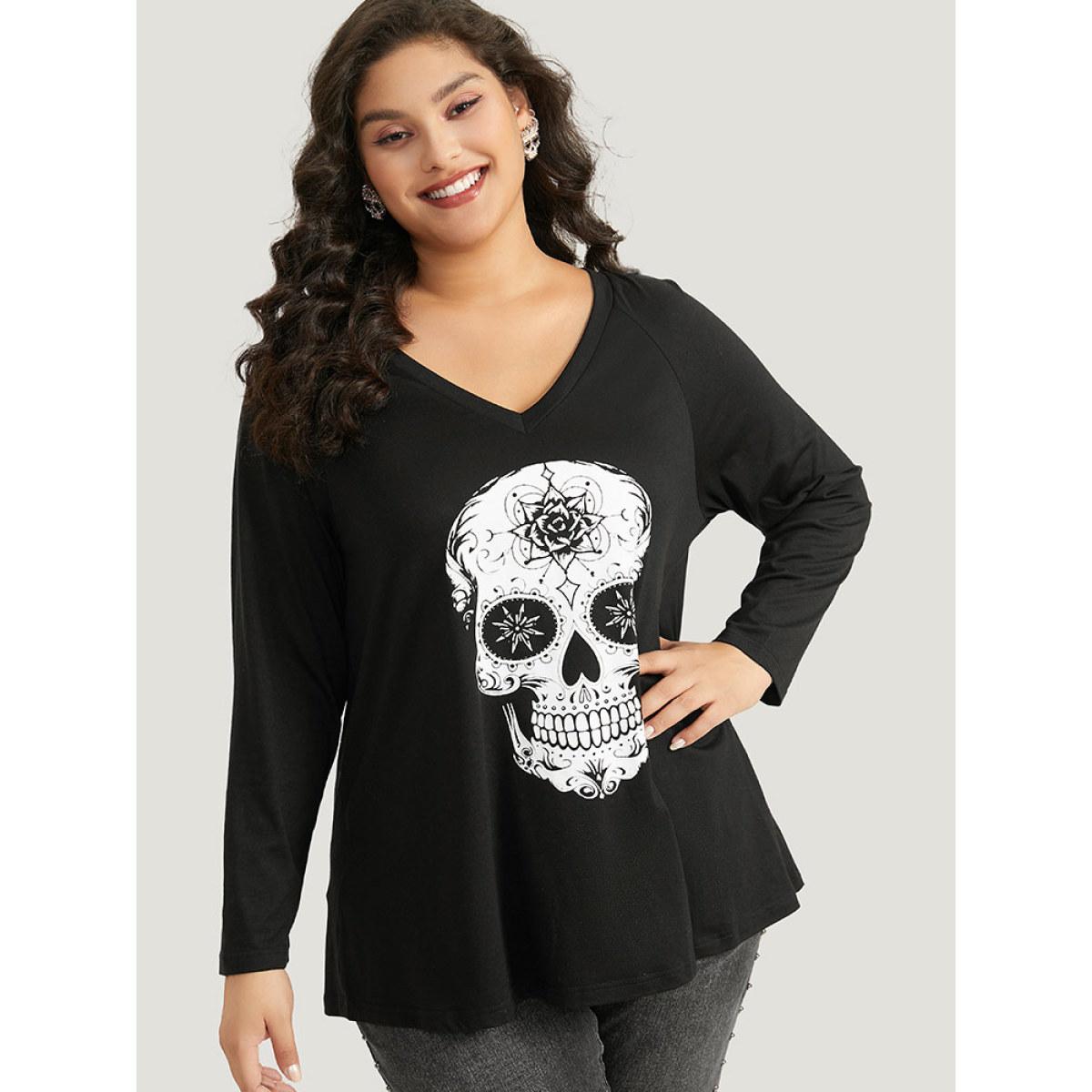 Plus Size Halloween Skull Print Long Sleeve T-shirt Black Women Casual Printed Halloween Festival-Halloween T-shirts BloomChic 18-20/2X Product Image