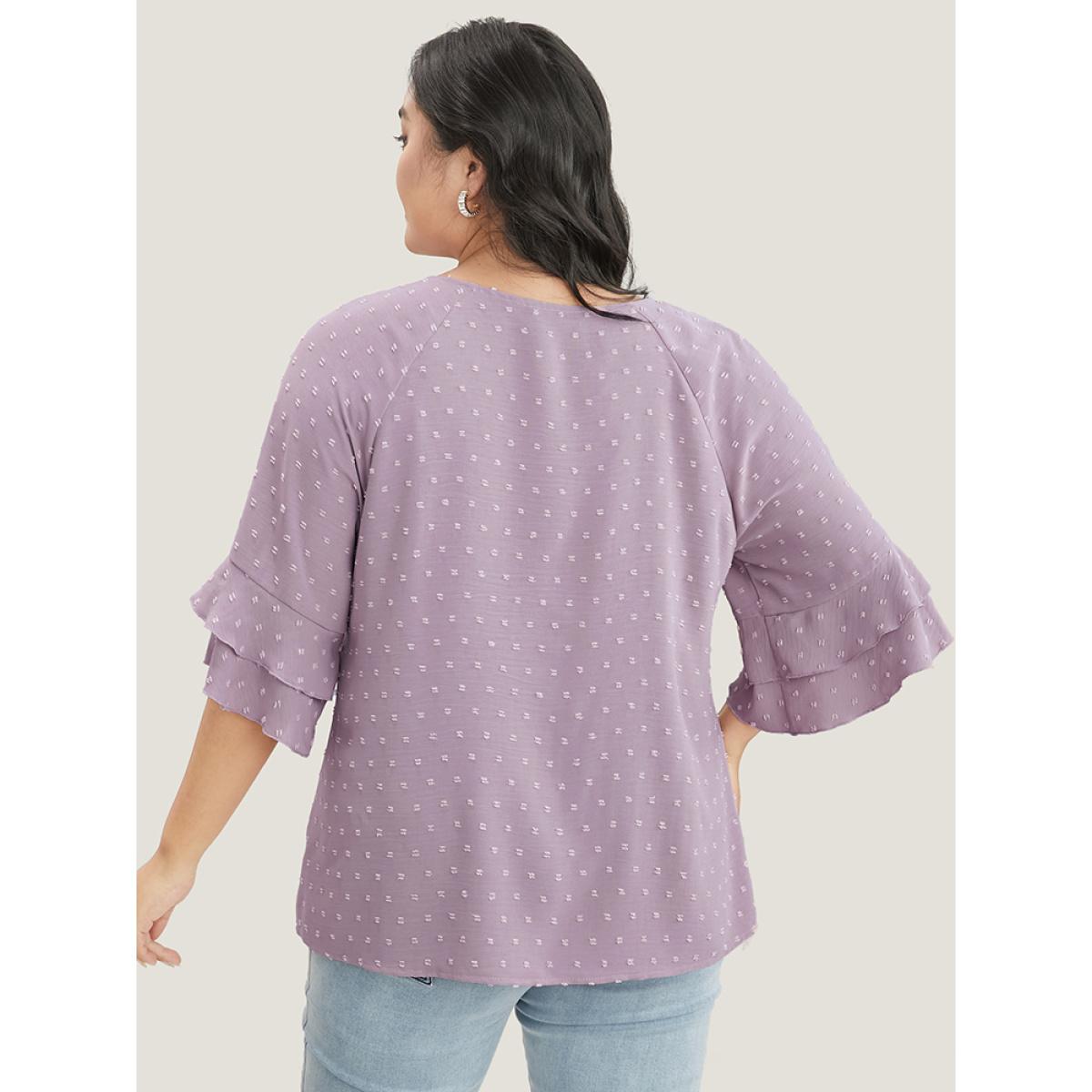 Plus Size Mauve Polka Dot Round Neck Ruffle Sleeve Blouse Women Casual Elbow-length sleeve Round Neck Dailywear Blouses BloomChic 12/L Product Image