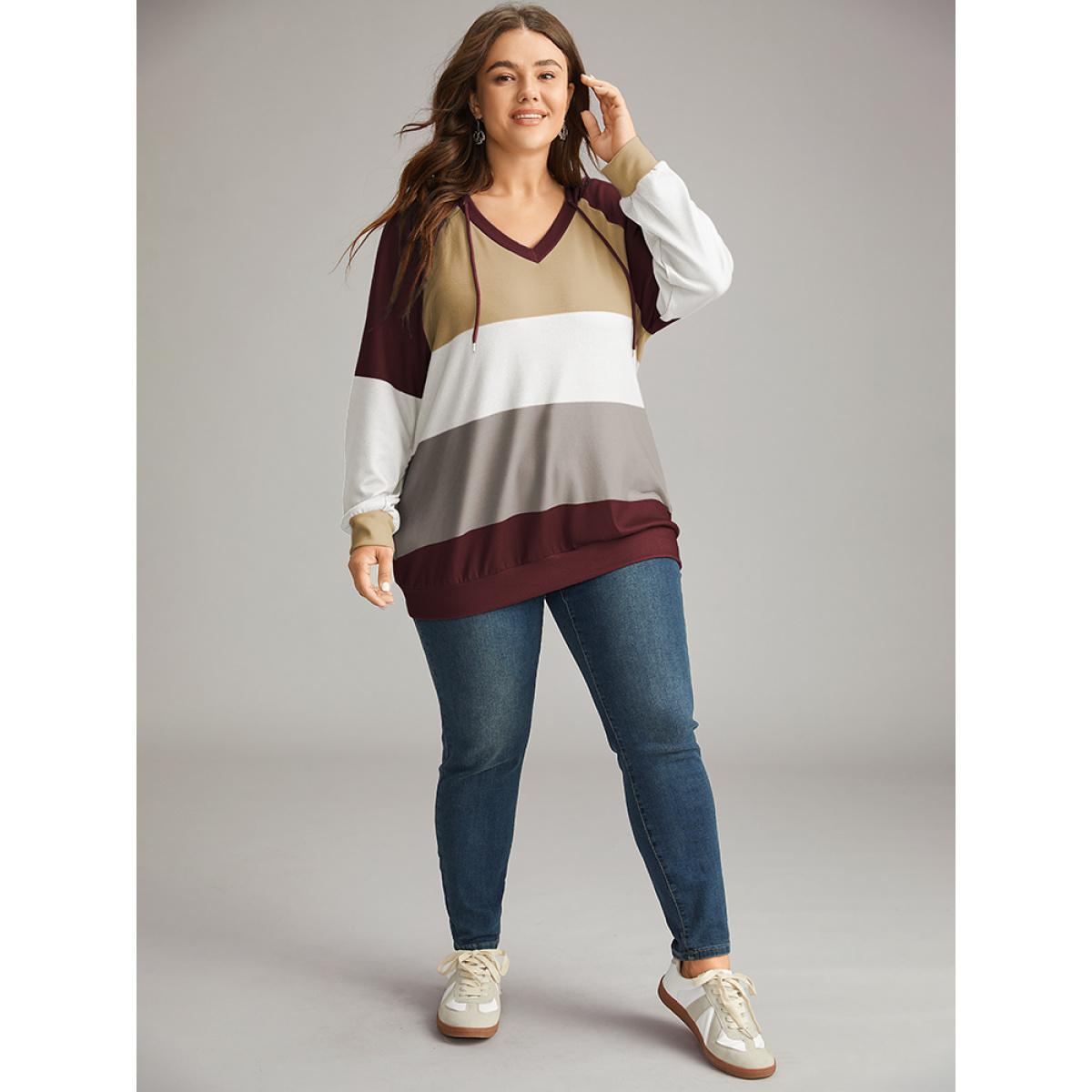 Plus Size Colorblock Contrast Hooded Drawstring Sweatshirt Women Red Casual Contrast Hooded Dailywear Sweatshirts BloomChic 22-24/3X Product Image