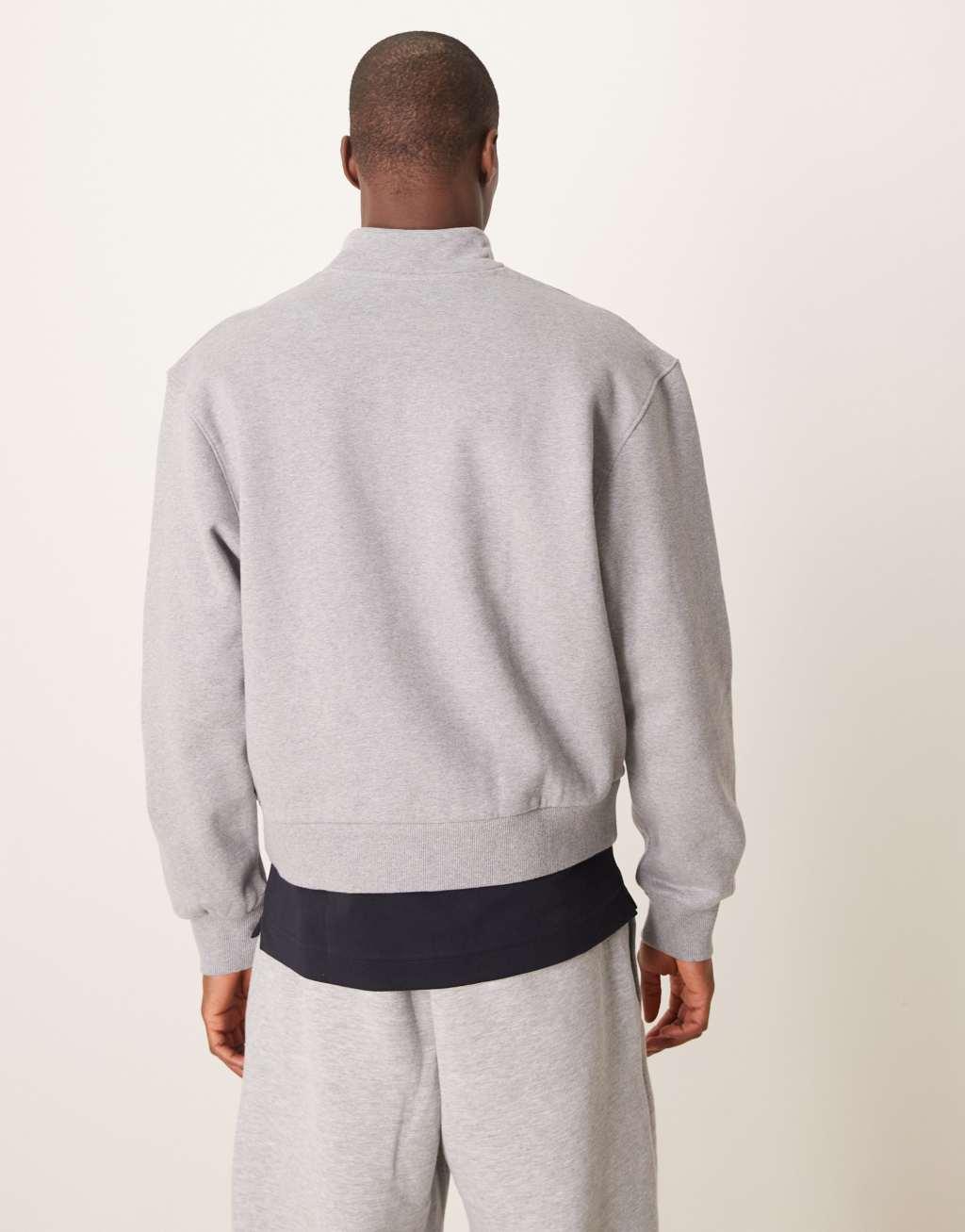 ASOS DESIGN premium heavyweight boxy oversized quarter zip sweatshirt 400gsm with tonal print in gray heather Product Image