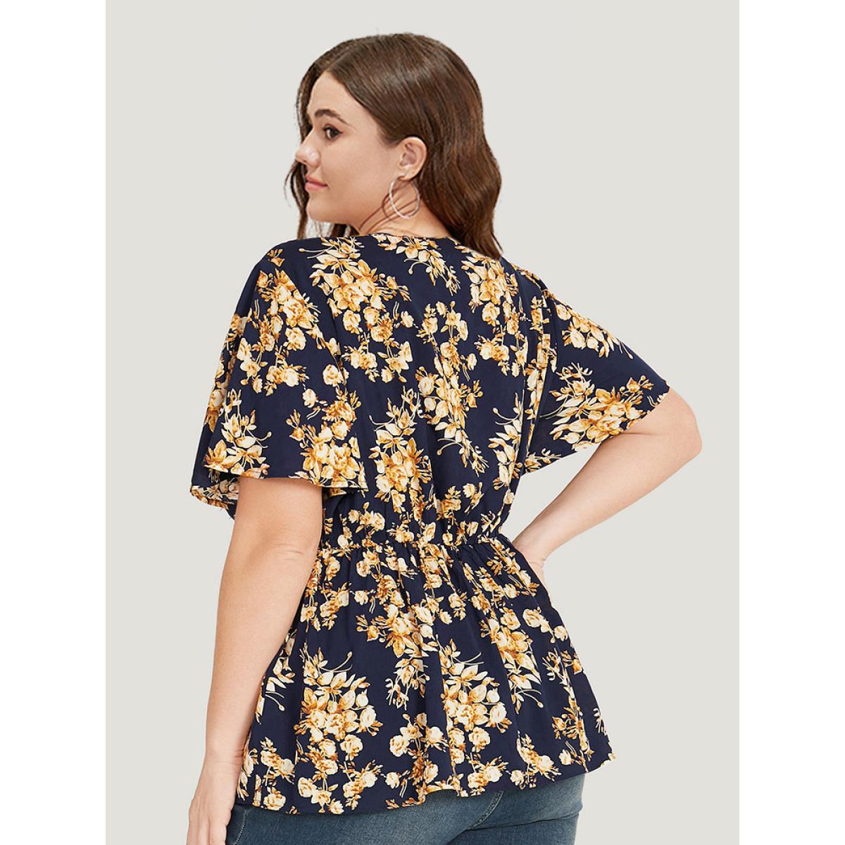 Plus Size Indigo Floral Print Flutter Sleeve Elastic Waist Blouse Women Elegant Short sleeve Round Neck Dailywear Blouses BloomChic 12/L Product Image