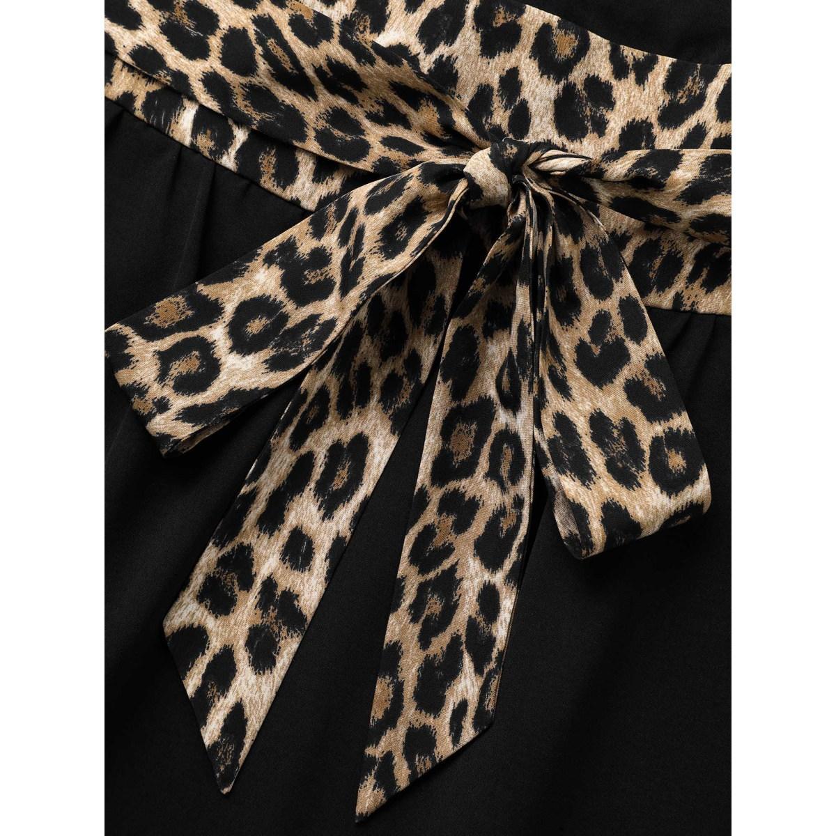 Plus Size Notched Collar Leopard Print Patchwork Dress Black Women Elegant Tie knot Notched collar Elbow-length sleeve Curvy BloomChic 12/L Product Image