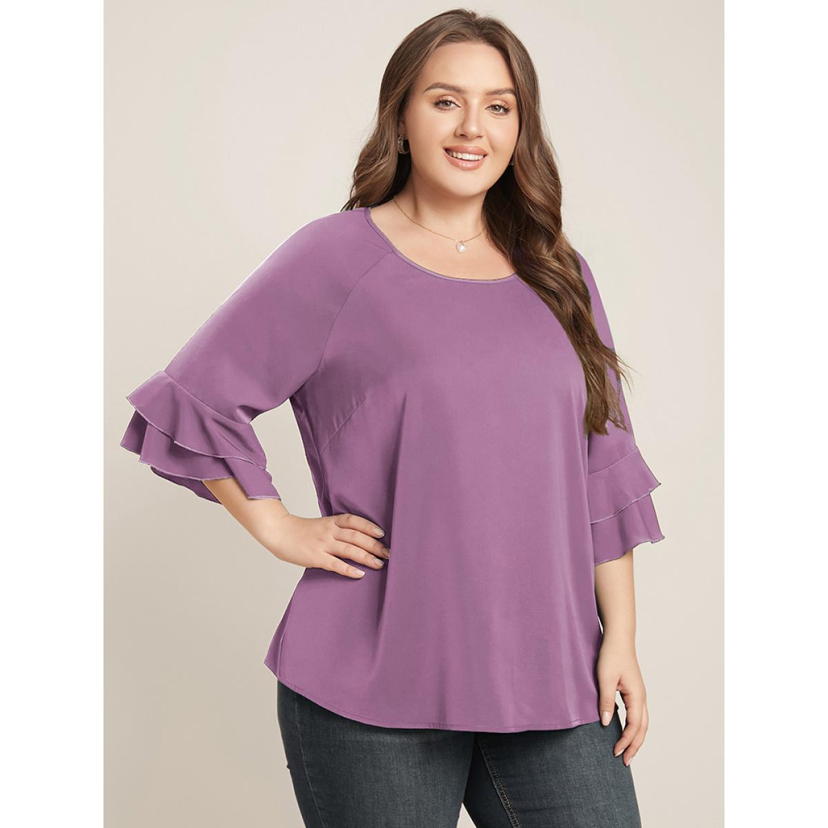 Plus Size Mauve Plain Ruffle Tiered Round Neck Blouse Women Work From Home Elbow-length sleeve Round Neck Work Blouses BloomChic 14-16/1X Product Image
