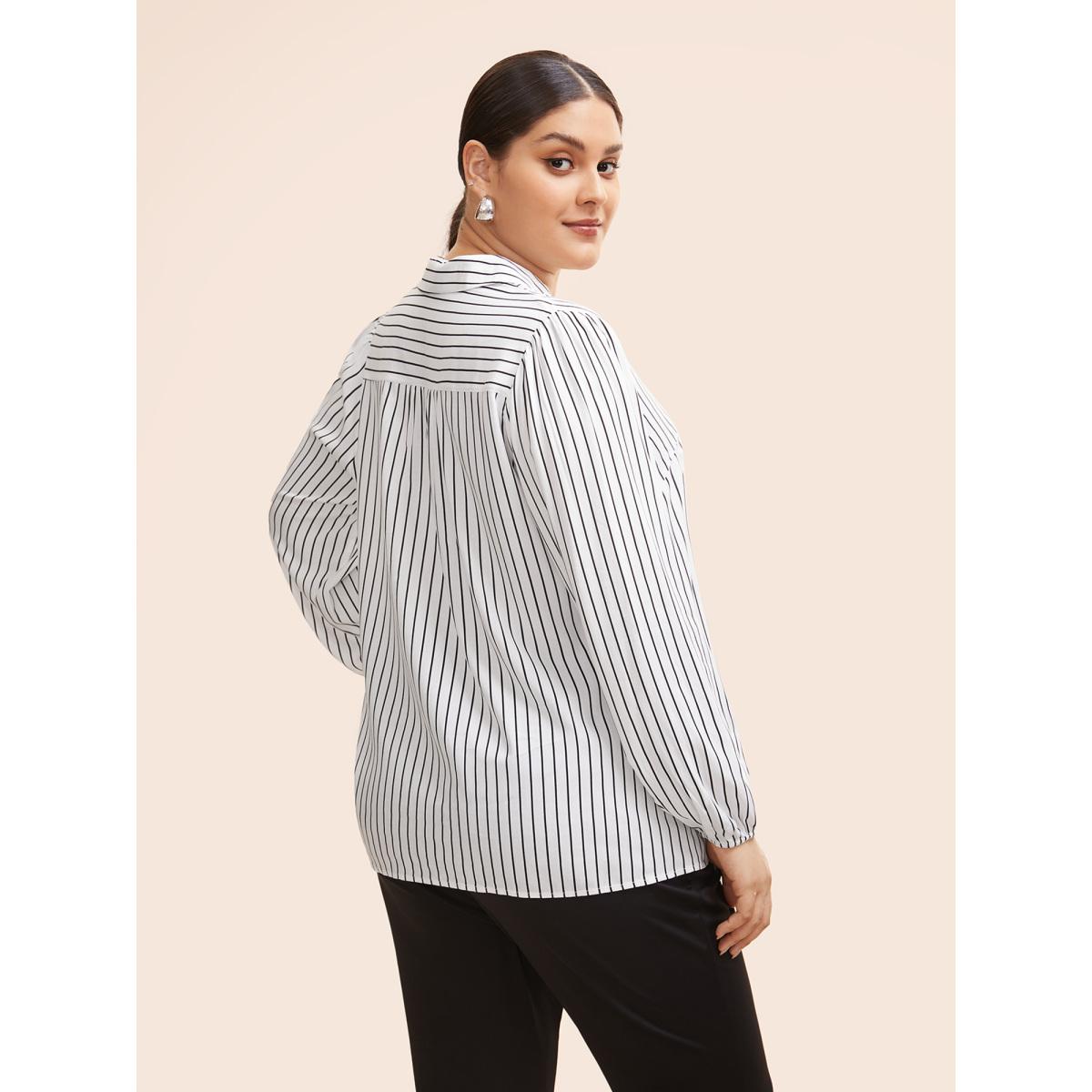 Plus Size WhiteSmoke Striped Lapel Collar Lantern Sleeve Blouse Women Workwear Essentials Long Sleeve V-neck Office Blouses BloomChic 14-16/1X Product Image