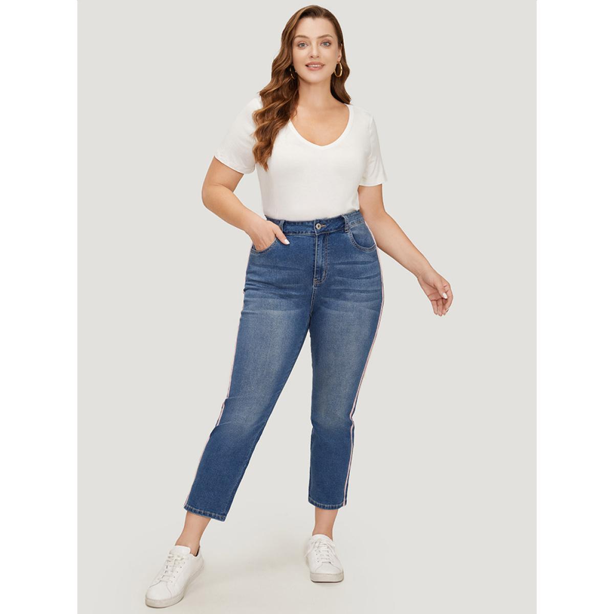 Plus Size Very Stretchy Medium Wash Contrast Striped Jeans Women Blue Casual Plain Patchwork High stretch Pocket Jeans BloomChic 10/M Product Image