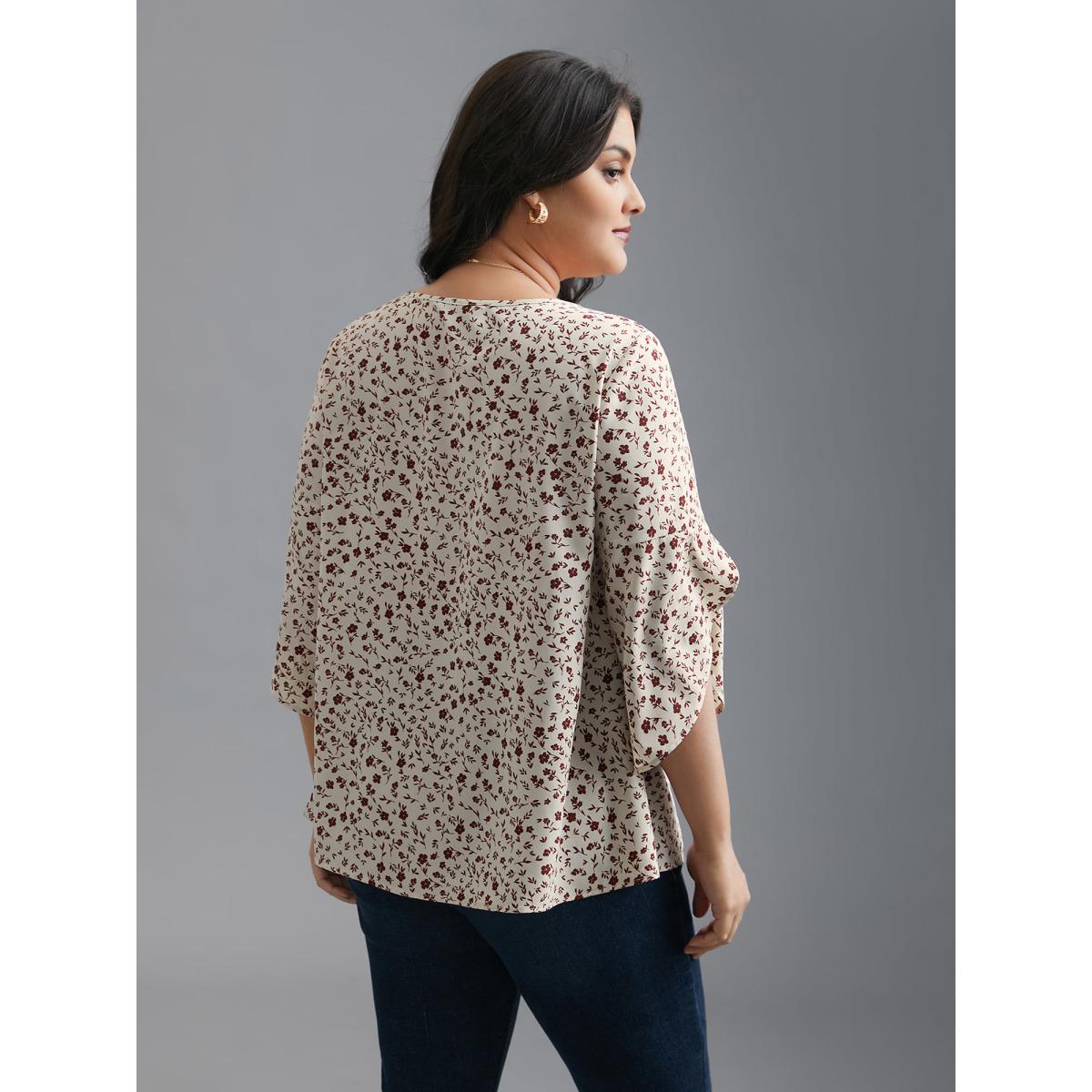 Plus Size Beige Crew Neck Ditsy Floral Bell Sleeve Blouse Women Elegant Elbow-length sleeve Round Neck Everyday Blouses BloomChic 12/L Product Image