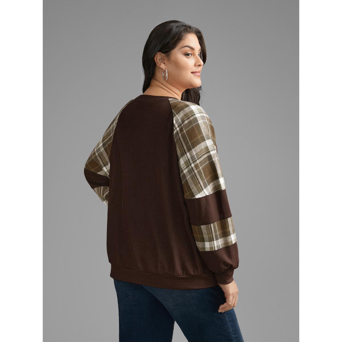 Plus Size Plaid Patchwork Raglan Sleeve Sweatshirt Women Indigo Leisure Texture Round Neck Casual Sweatshirts BloomChic 14-16/1X Product Image