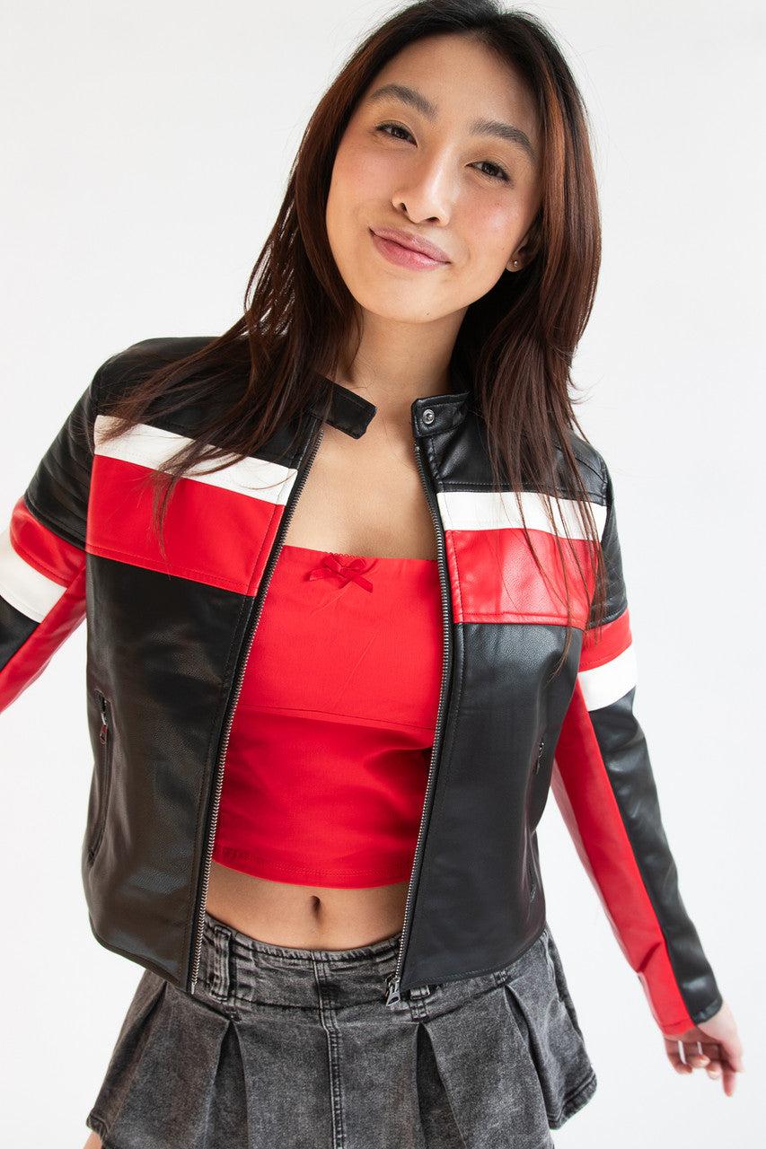 Racing Stripe Pleather Moto Jacket Product Image