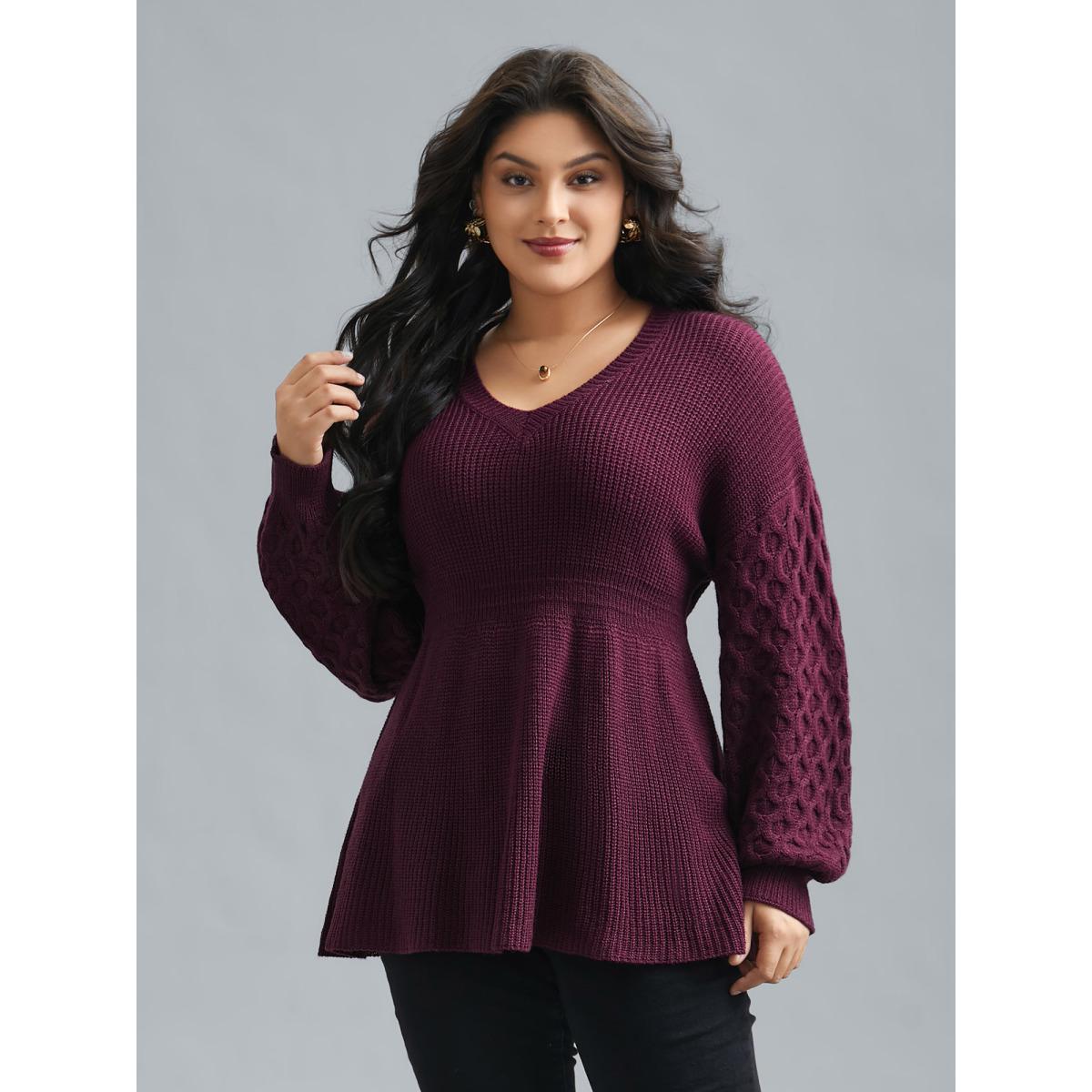 Plus Size Plain Ribbed Knit Waist Cinched Pullover Burgundy Women Timeless Bodycon Long Sleeve V-neck Elegant Pullovers BloomChic 26/4X Product Image