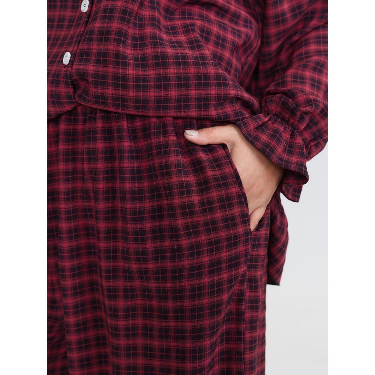 Plus Size Gingham Ruffled Hem Loungewear Set Women Multicolor Button Extra Long Sleeve Round Neck Leisure Loungewear Sets BloomChic 18-20/2X Product Image