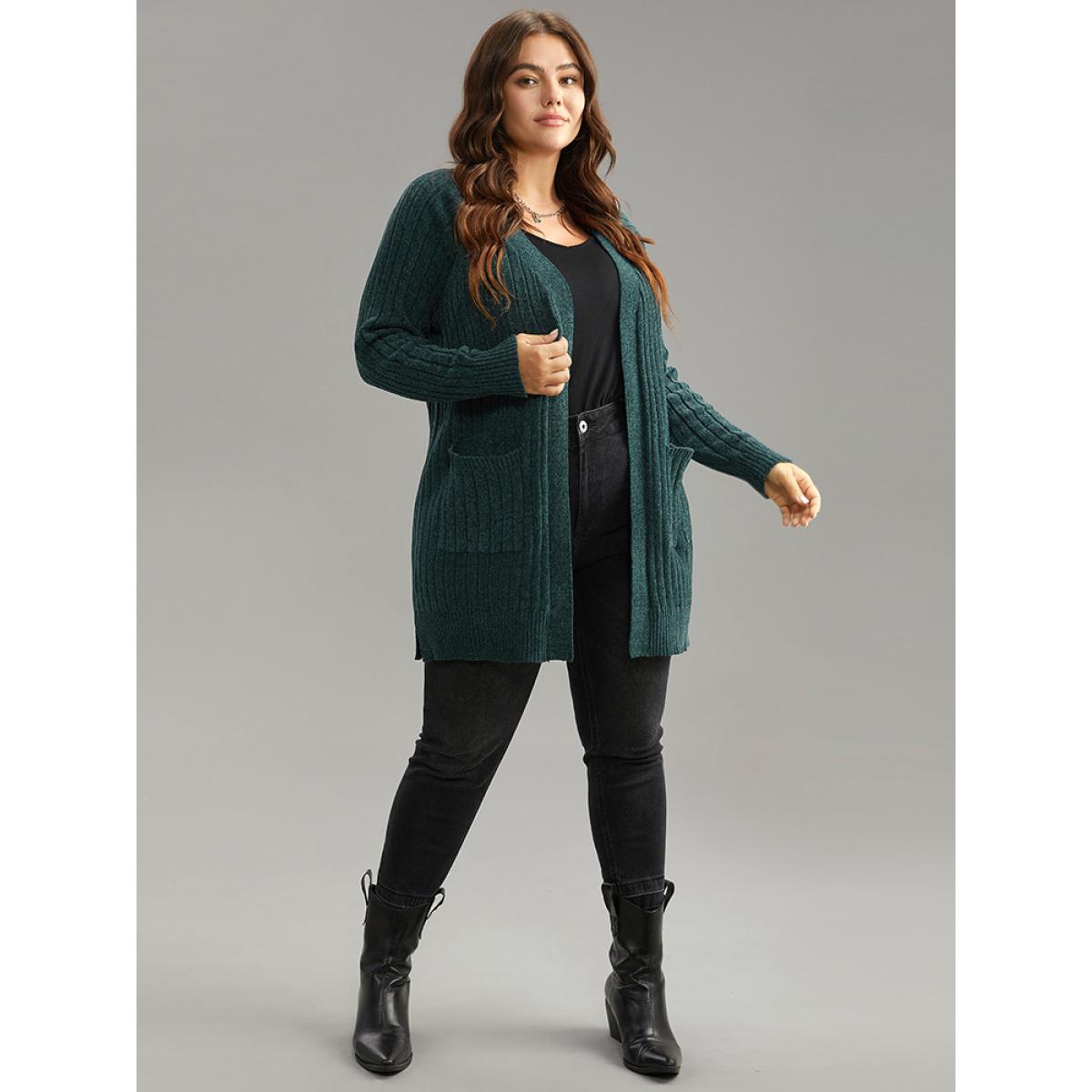 Plus Size Plisse Solid Patched Pocket Cardigan Cyan Women Casual Loose Long Sleeve Everyday Cardigans BloomChic 18-20/2X Product Image