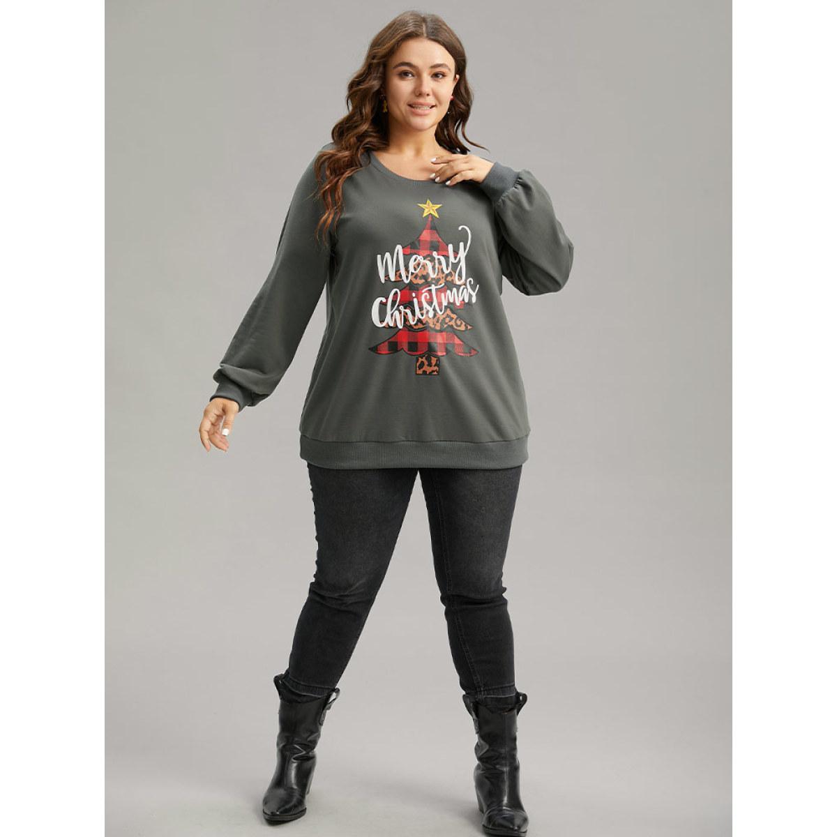 Plus Size Christmas Trees Round Neck Rib Knit Sweatshirt Women Gray Casual Rib Knit Festival-Christmas Sweatshirts BloomChic 14-16/1X Product Image