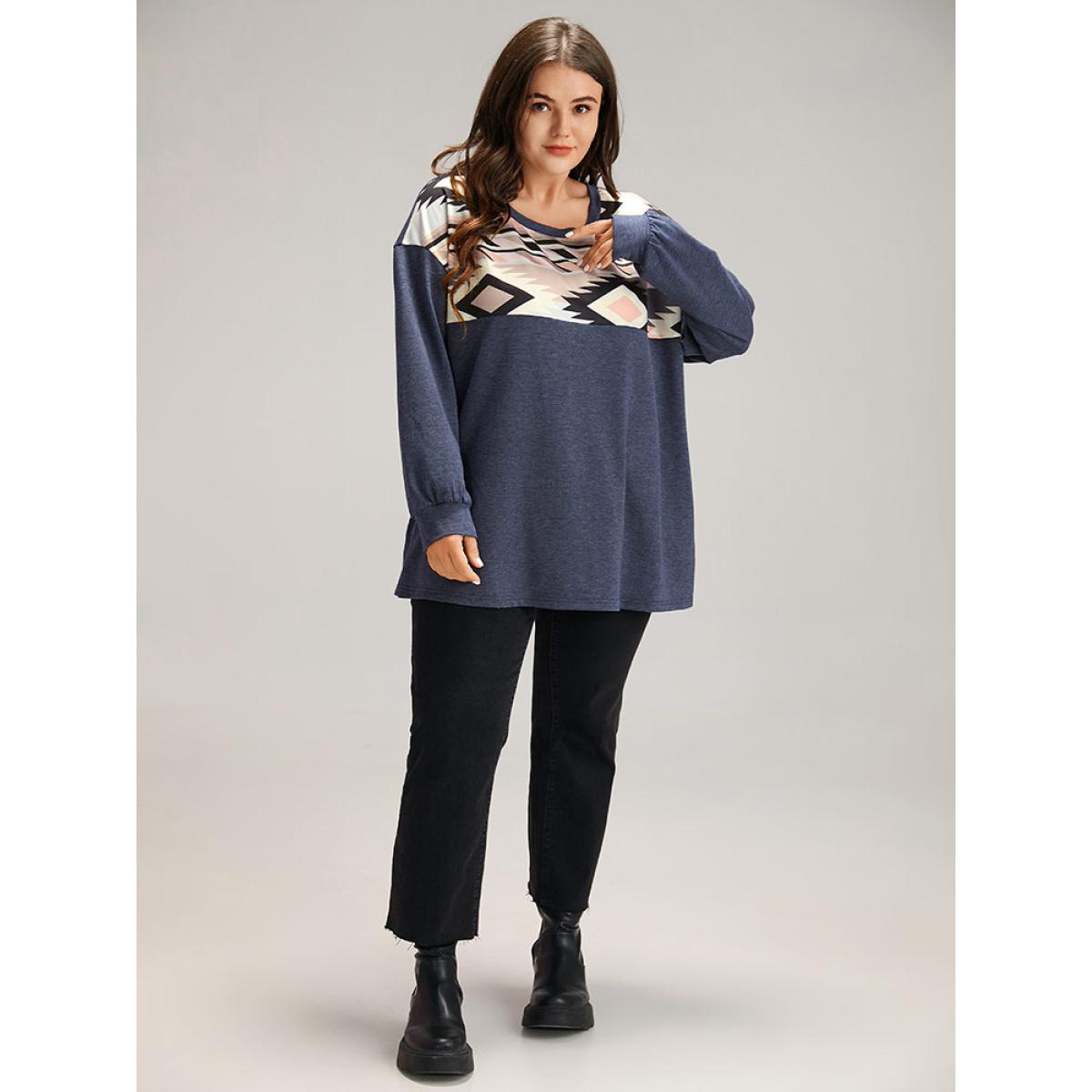Plus Size Bandana Geometric Print Patchwork Crew Neck Sweatshirt Women Indigo Casual Elastic cuffs Round Neck Dailywear Sweatshirts BloomChic 22-24/3X Product Image