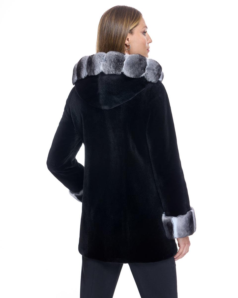 Sheared Mink Reversible Hooded Coat with Chinchilla Trim Product Image