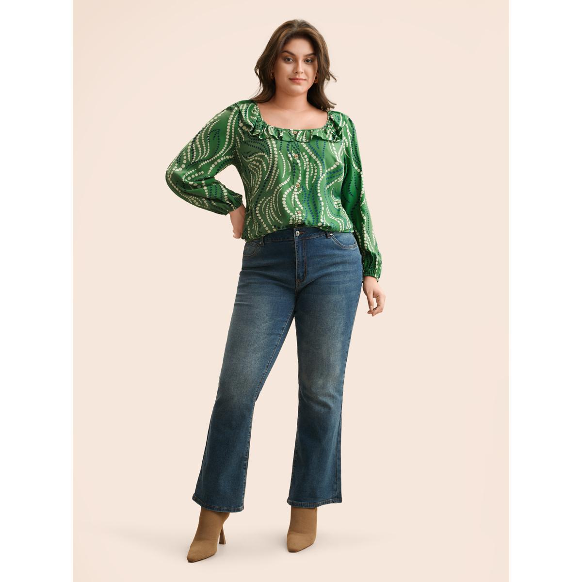 Plus Size Moss Polka Dot Ruffles Button Detail Blouse Women Elegant Long Sleeve Square Neck Everyday Blouses BloomChic 14-16/1X Product Image