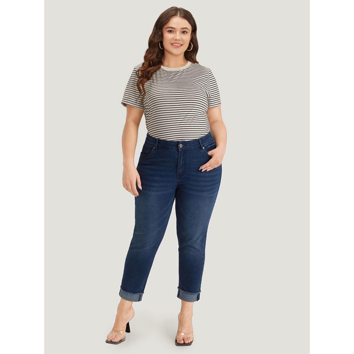 Plus Size Solid Frayed Roll Hem High Rise Jeans Women Blue Casual Plain Plain High stretch Pocket Jeans BloomChic 14/1X Product Image