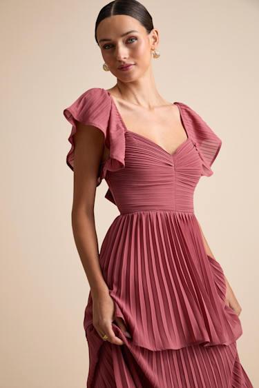 Notorious Charm Rusty Rose Pleated Flutter Sleeve Maxi Dress Product Image