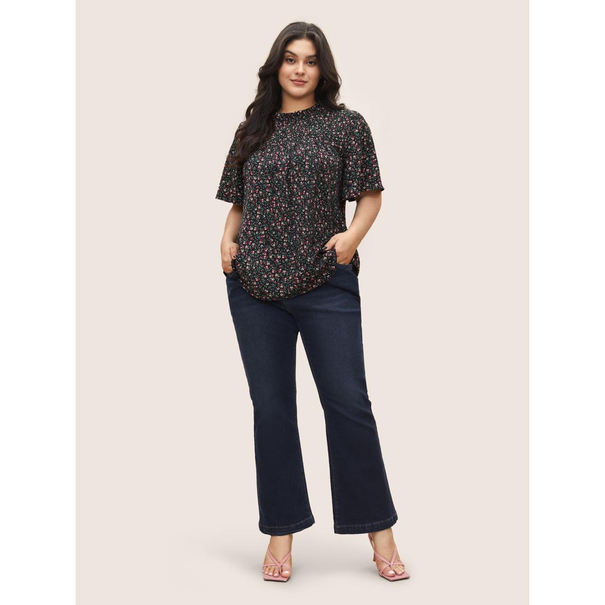 Plus Size Black Ditsy Floral Plicated Detail Frill Trim Blouse Women Timeless Short sleeve Round Neck Elegant Blouses BloomChic 30/6X Product Image