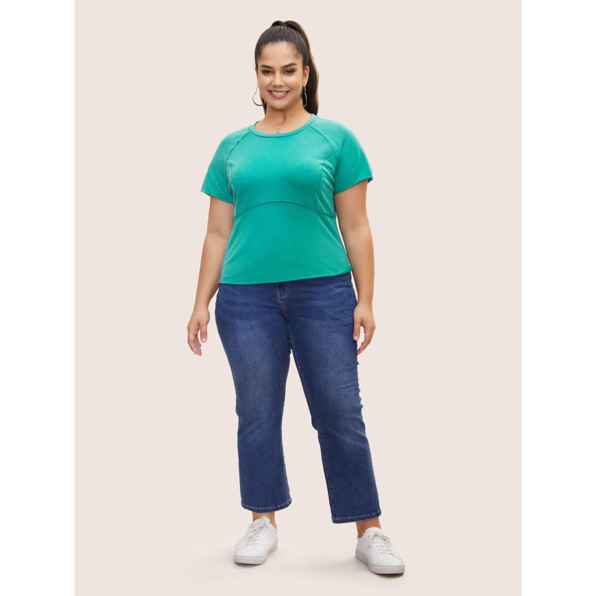 Plus Size Round Neck Pleated Raglan Sleeve T-shirt Teal Women Casual Non Round Neck Bodycon Everyday T-shirts BloomChic 26/4X Product Image