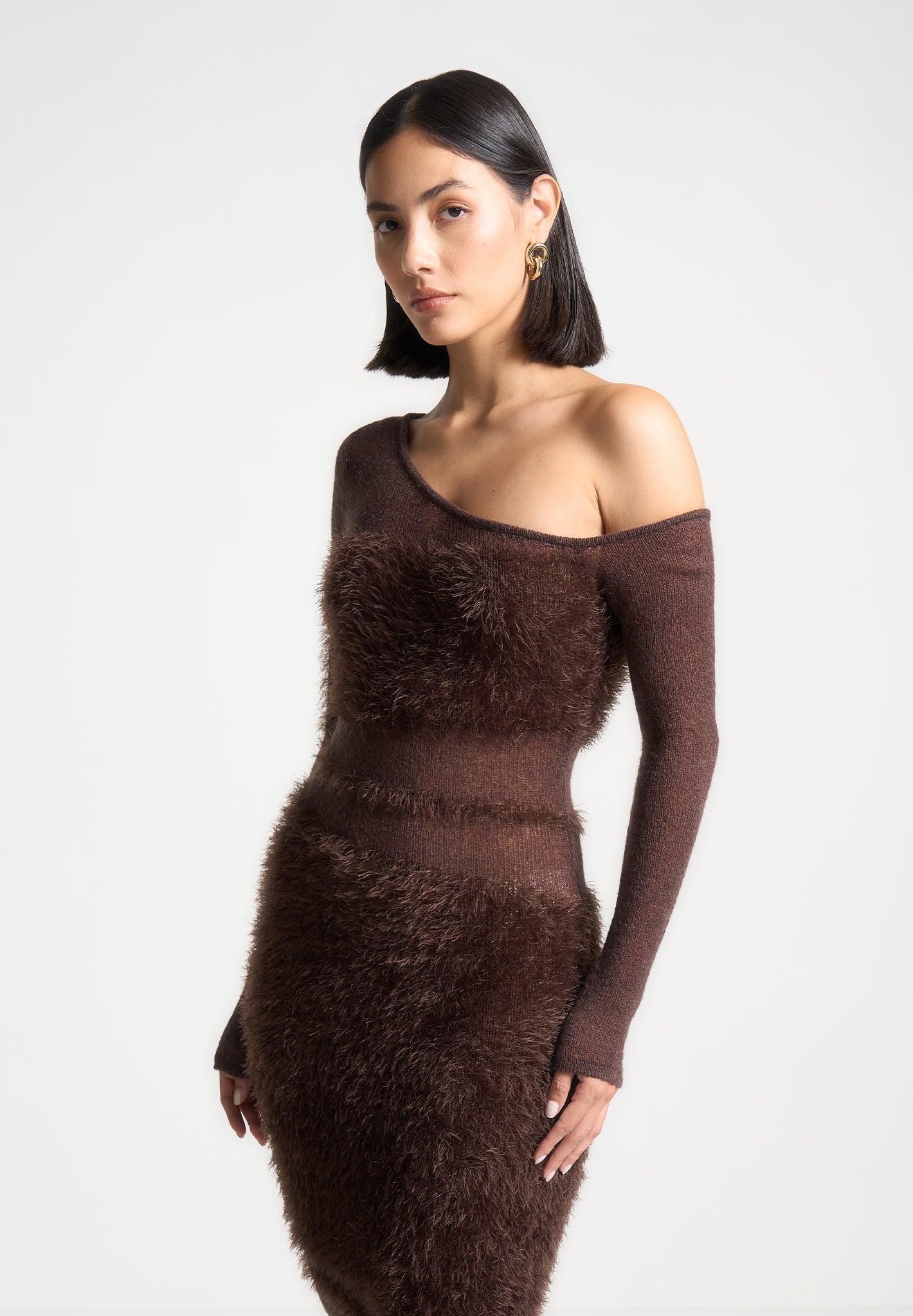 Off Shoulder Knitted Maxi Dress - Brown Female Product Image