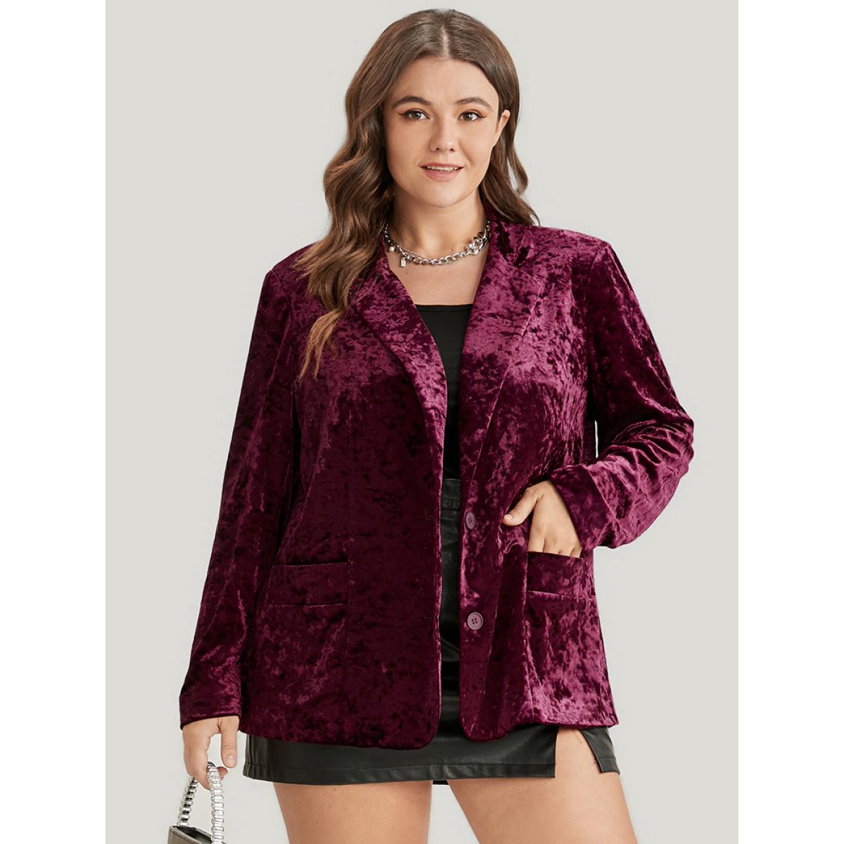 Plus Size Solid Pocket Button Velvet Blazer Eggplant Women Going out Plain Pocket Sleeve Long Sleeve Lapel Collar 18-20/2X Pocket Party Blazers BloomChic Product Image