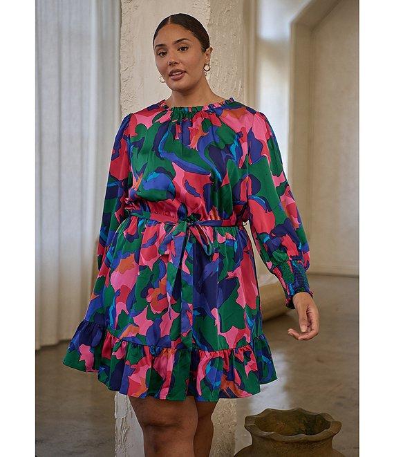 Sugarlips Plus Size Gem Tone Sevilla Balloon Sleeve Printed Satin Mini Dress Product Image