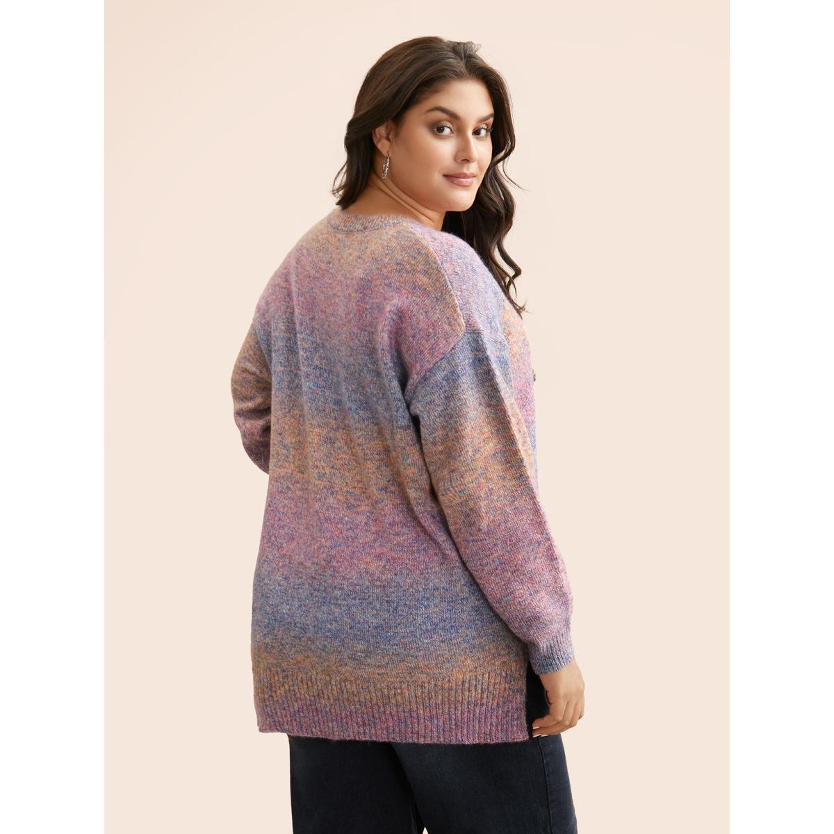 Plus Size Gradient Dyeing Round Neck Slit Hem Pullover Multicolor Women Casual Loose Long Sleeve Round Neck Everyday Pullovers BloomChic 22-24/3X Product Image